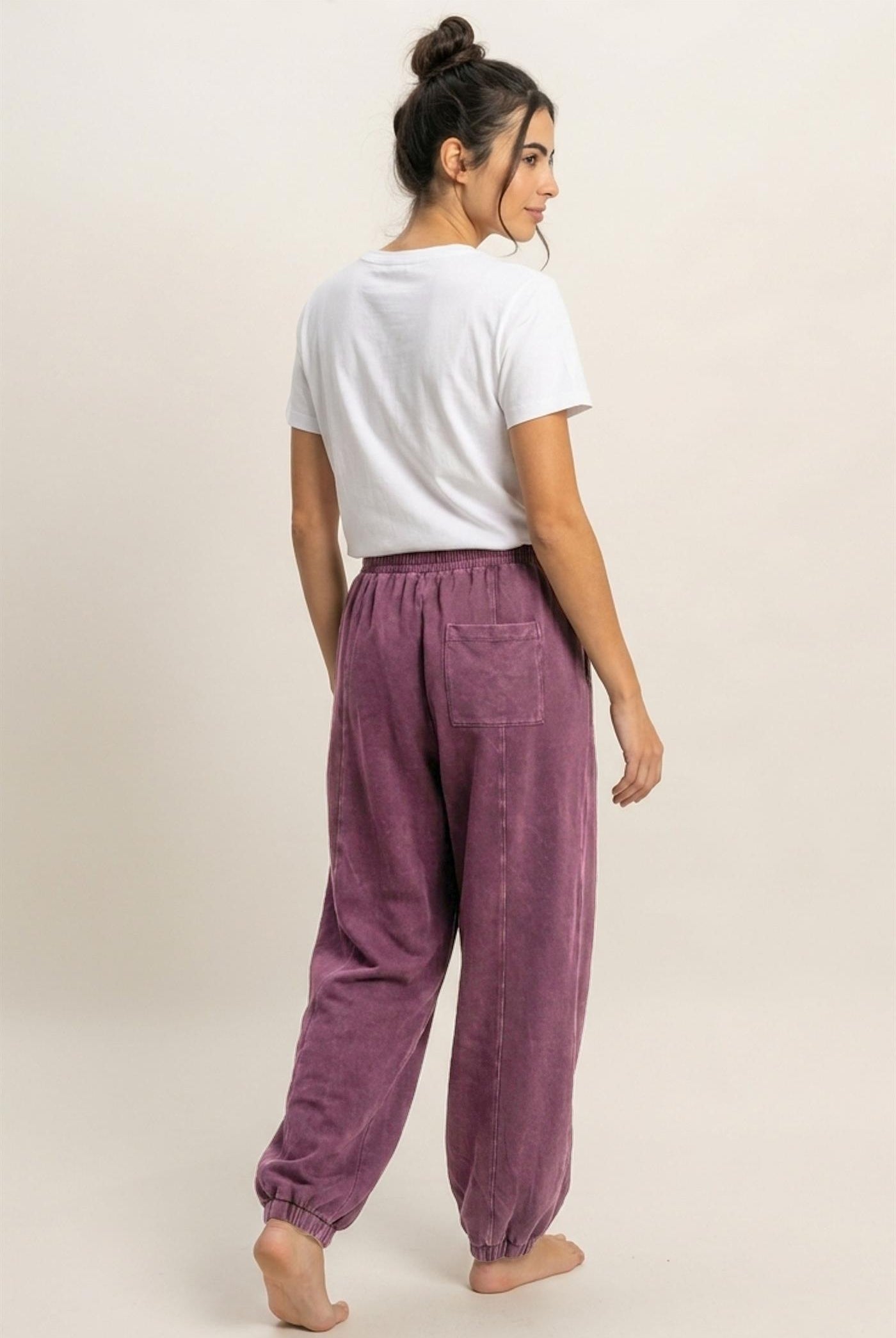 Wholesale Mineral Wash Elastic Waist Jogger Pants Joggers DZ26F405 DARK CHERRY DOUBLE ZERO