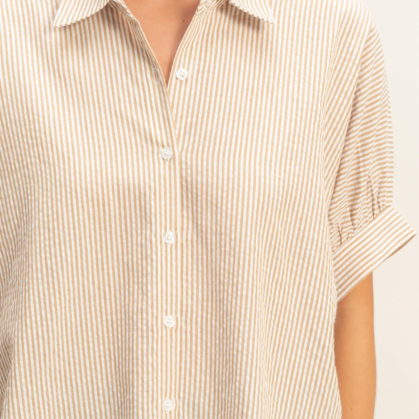 Wholesale Striped Short Sleeve Button-Front Blouse T-Shirts DZ26C276 TAUPE DOUBLE ZERO