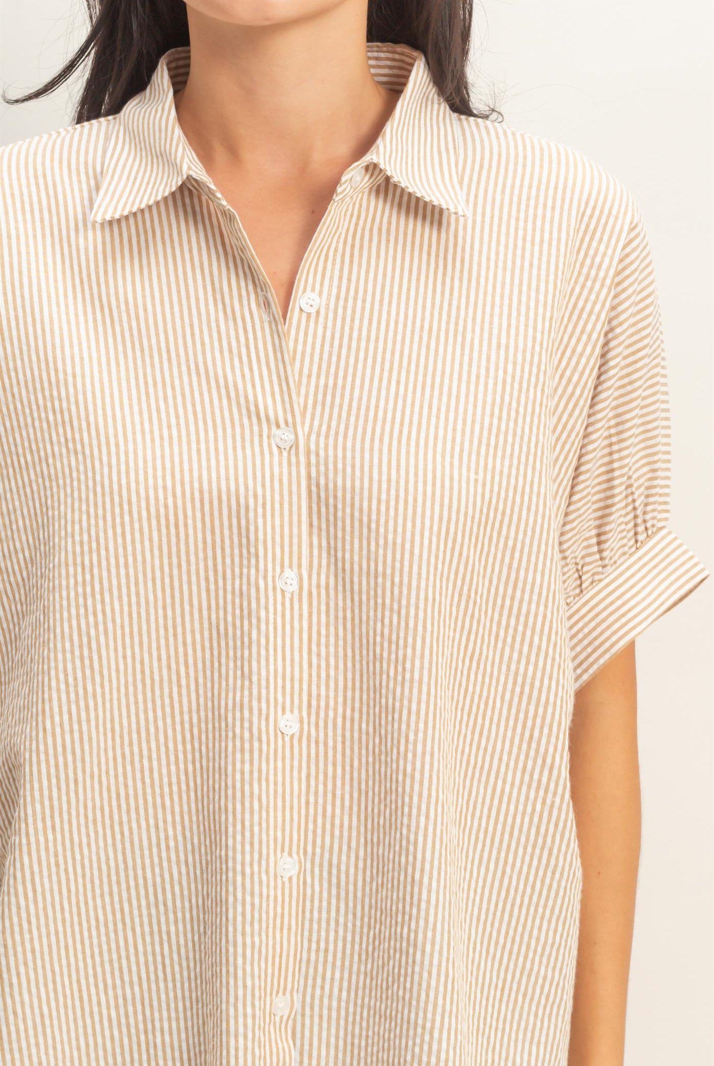 Wholesale Striped Short Sleeve Button-Front Blouse T-Shirts DZ26C276 TAUPE DOUBLE ZERO
