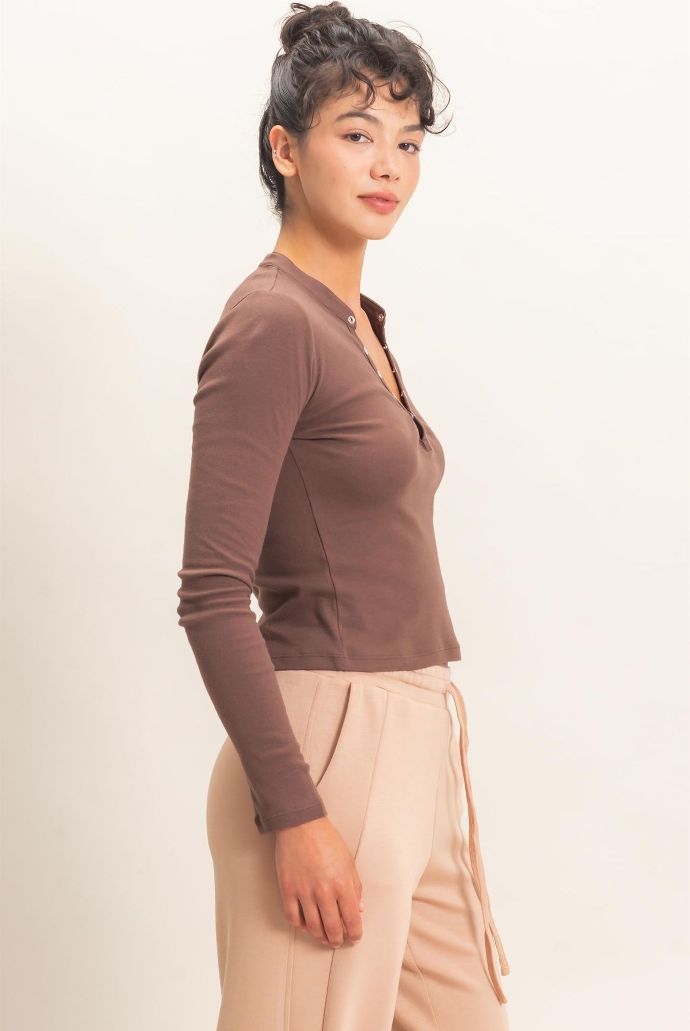 Wholesale Long Sleeve Henley Top Clothing Tops DZ26E865 DARK BROWN DOUBLE ZERO