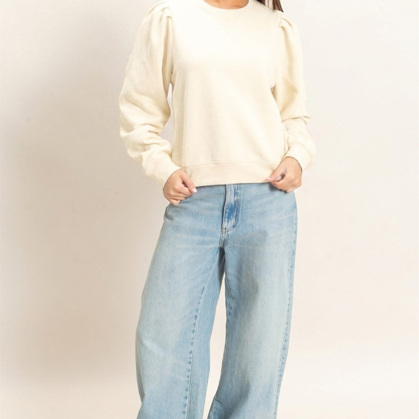 Wholesale Puff Sleeve Crew Neck Sweatshirt Sweatshirts DZ26E110 CREAM DOUBLE ZERO