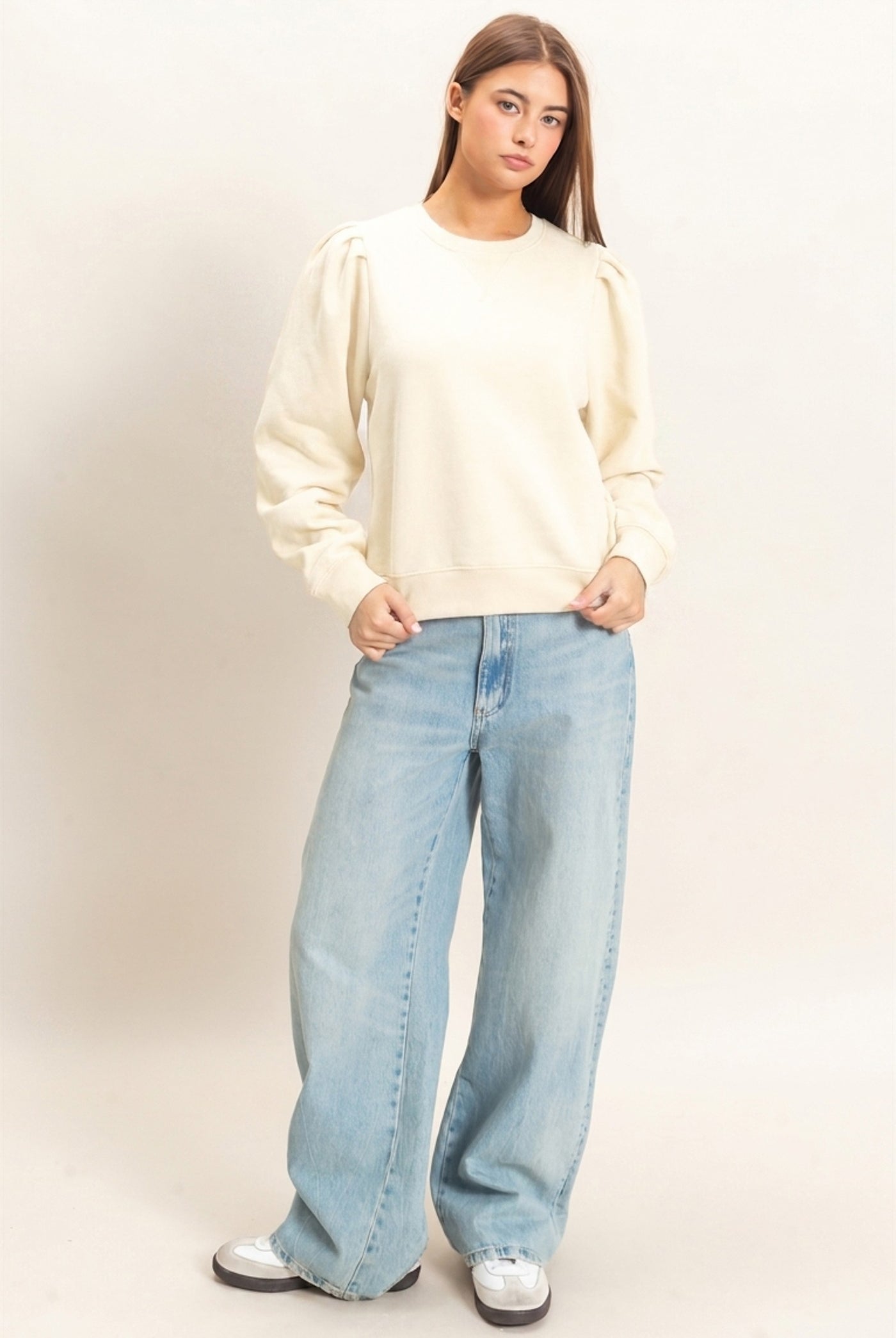 Wholesale Puff Sleeve Crew Neck Sweatshirt Sweatshirts DZ26E110 CREAM DOUBLE ZERO