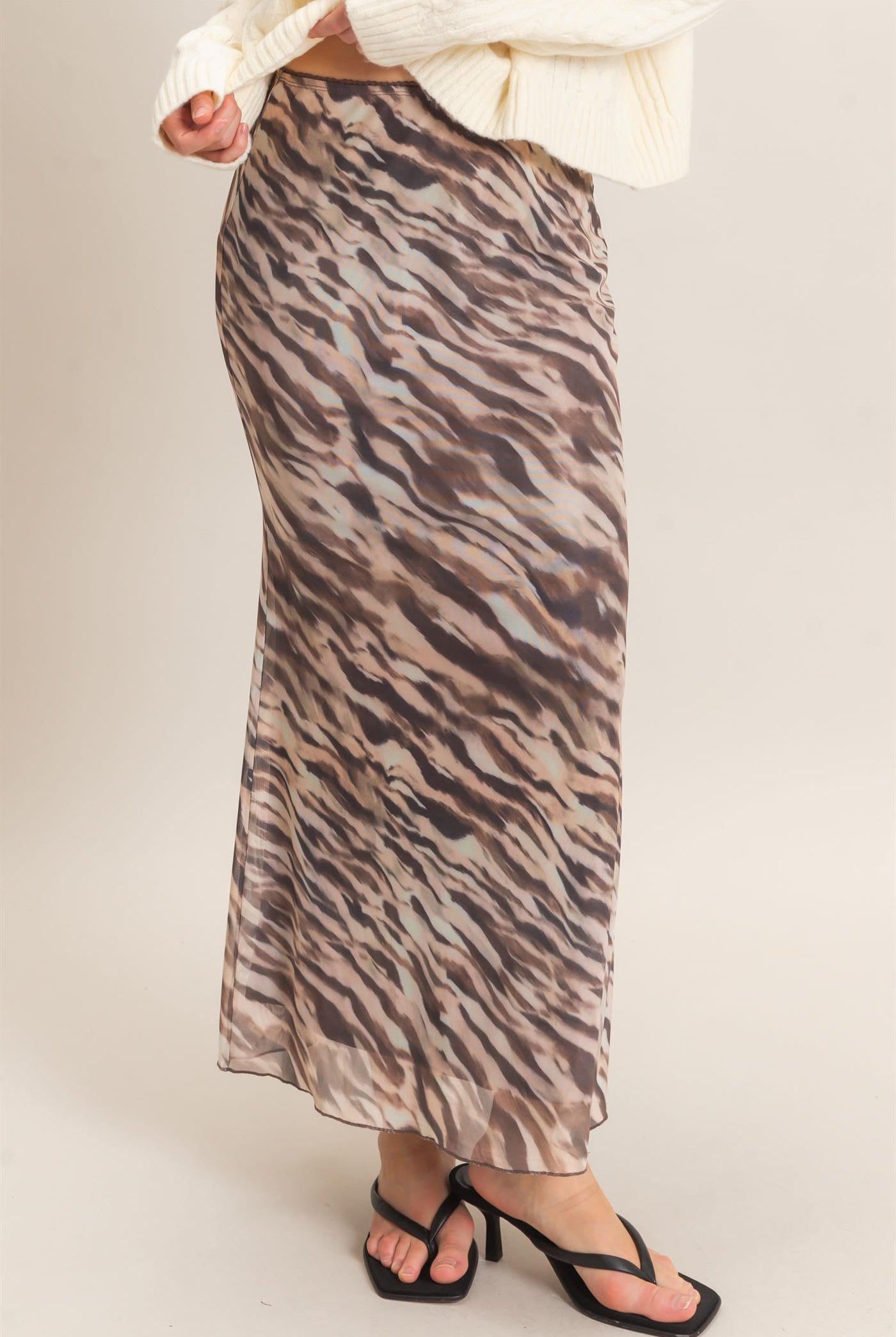 Wholesale Printed Mesh Maxi Skirt Skirts HF26F214 TAUPE/ANIMAL HYFVE