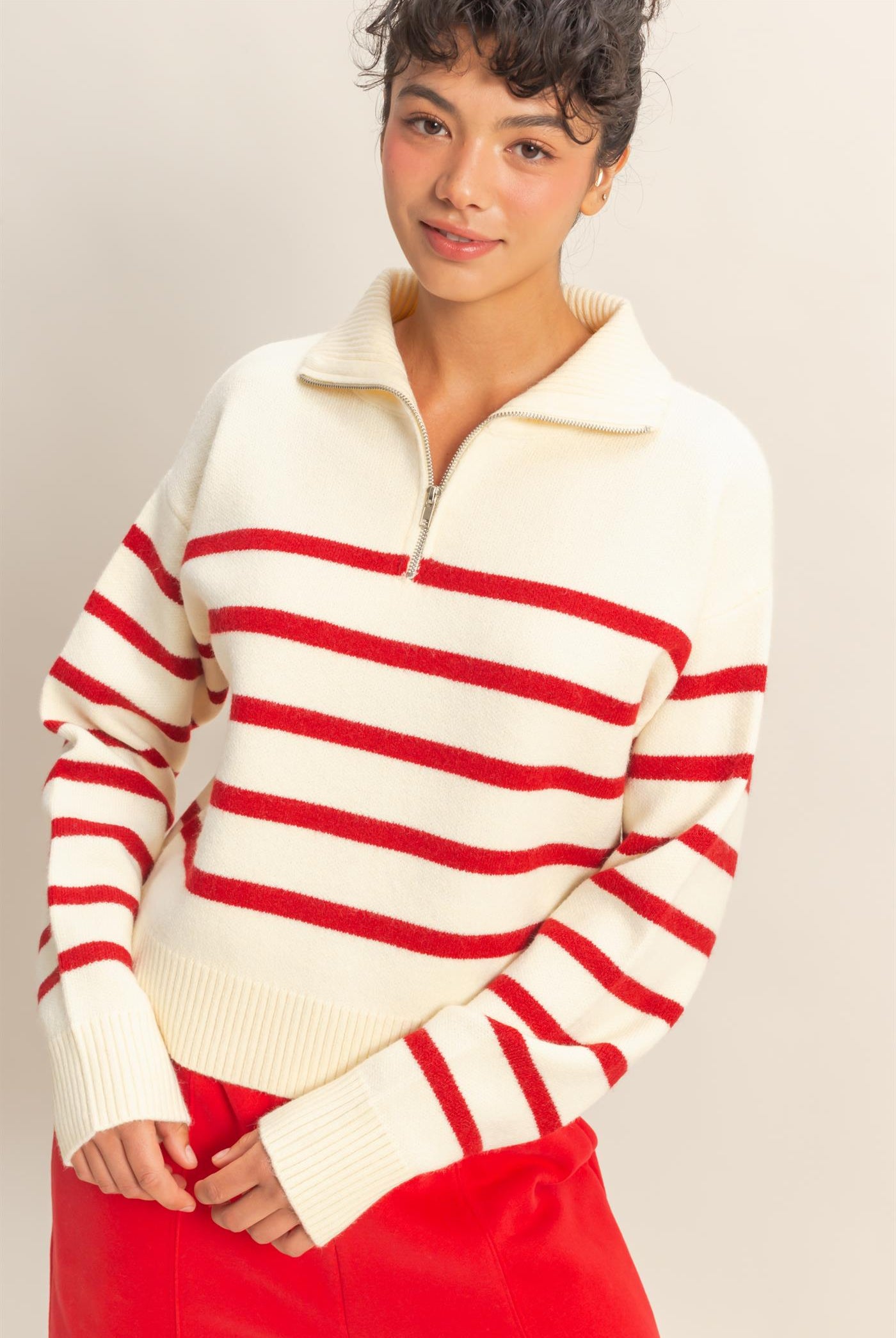 Wholesale Striped Half Zip Sweater Sweaters DZ25E282 CREAM/RED DOUBLE ZERO