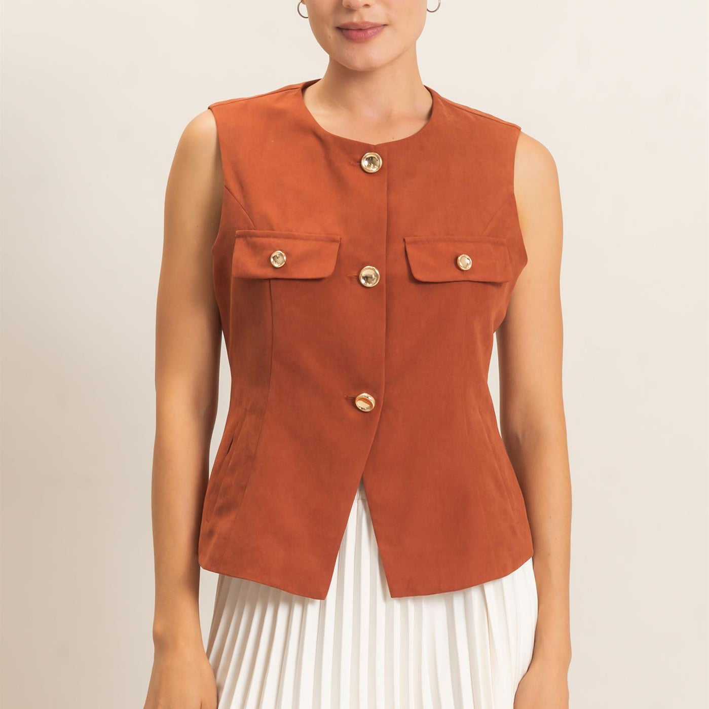 Wholesale Buttoned Sleeveless Utility Vest Vests HF26E929 RUST HYFVE