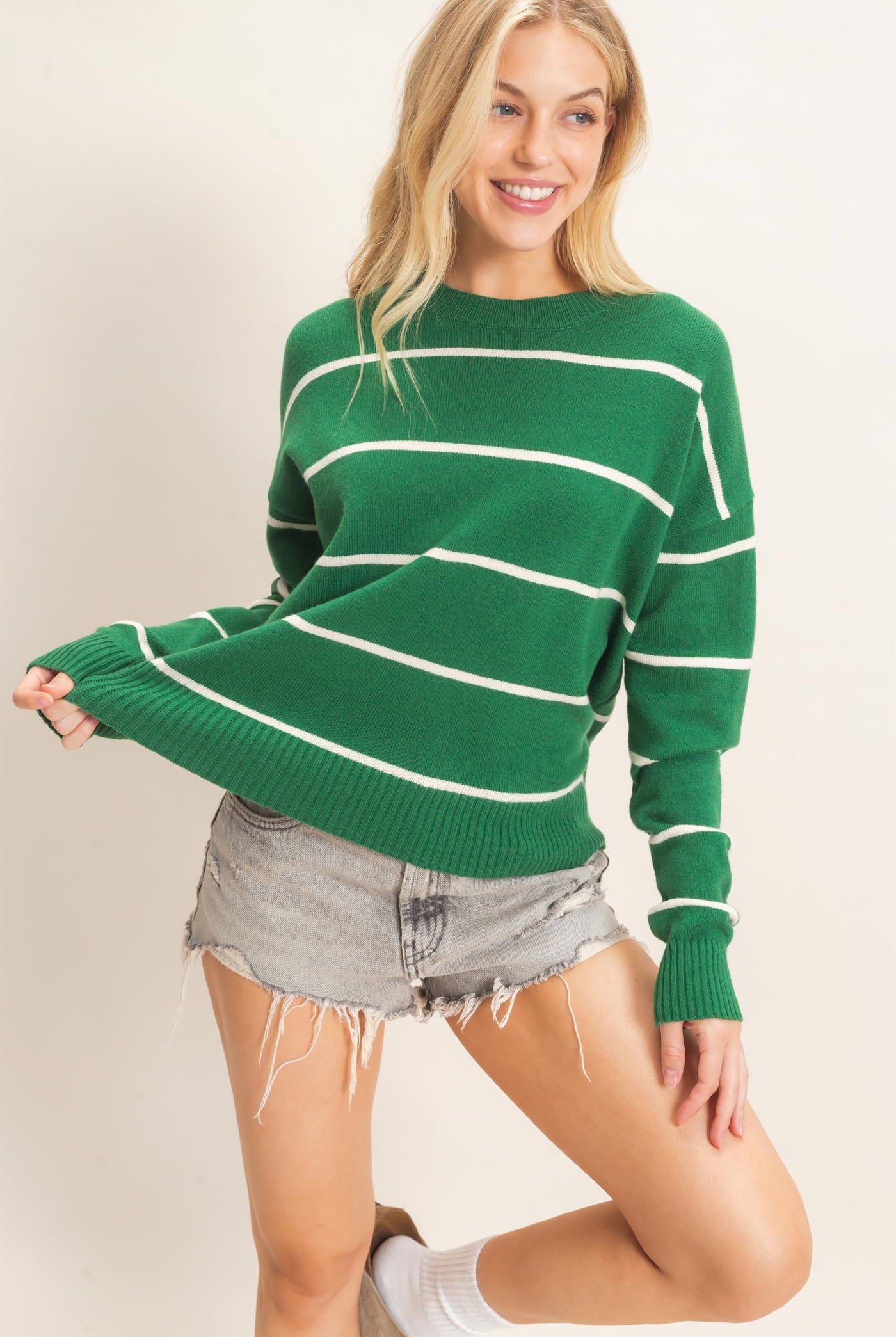 Wholesale Striped Ribbed Crew Neck Sweater Sweaters HF26F169 GREEN HYFVE