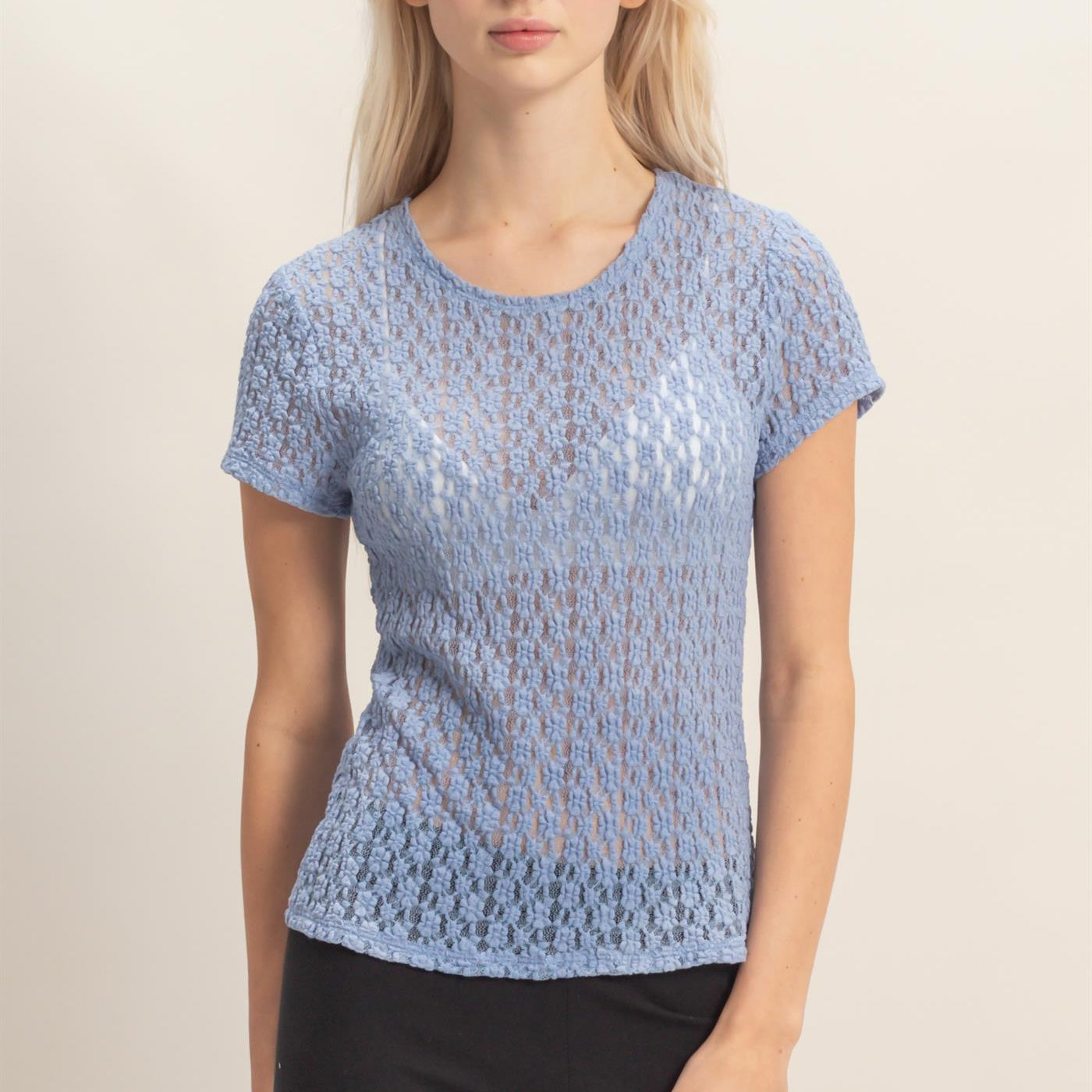 Wholesale Textured Lace Short Sleeve Top Clothing Tops DZ26C394 PALE INDIGO DOUBLE ZERO