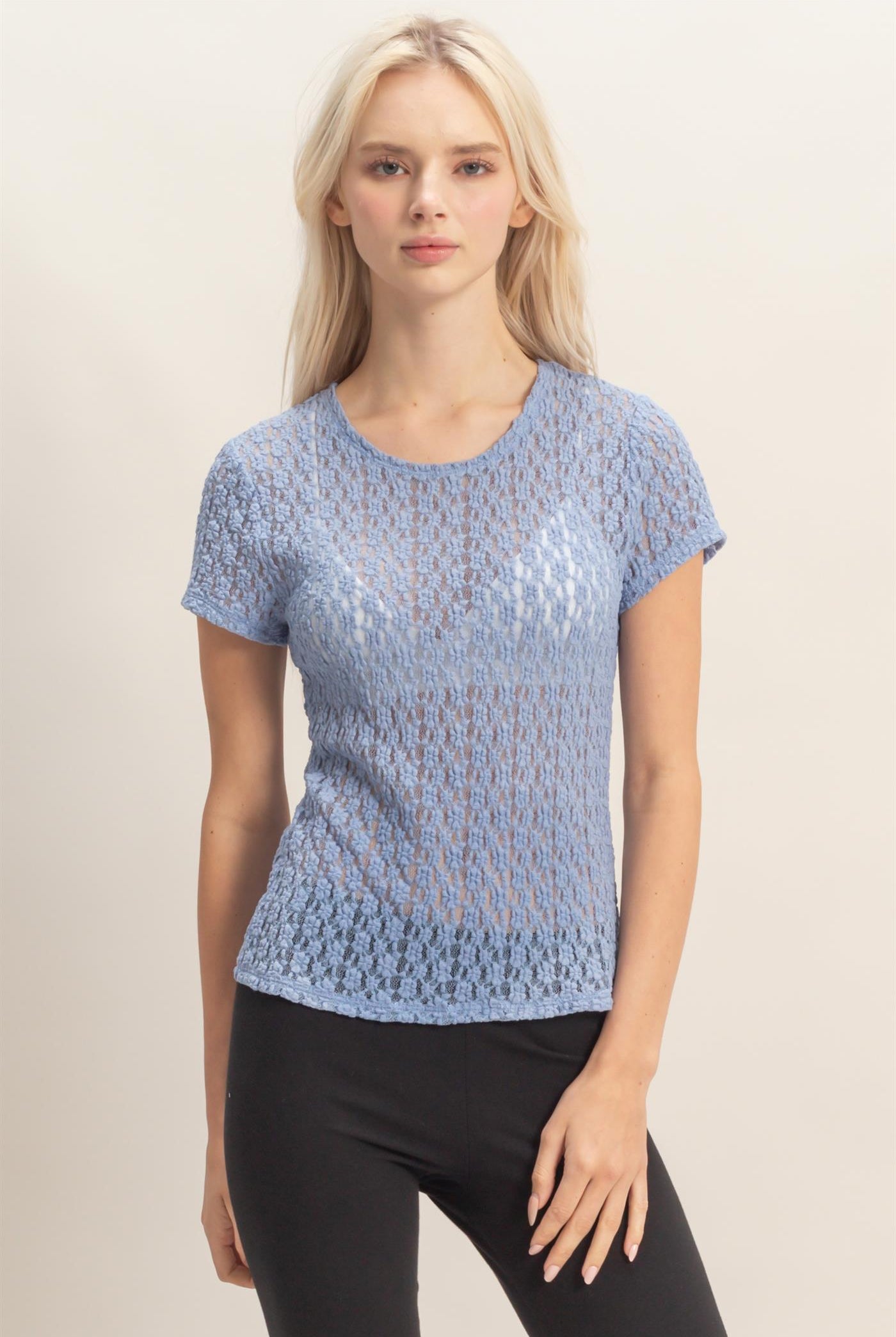 Wholesale Textured Lace Short Sleeve Top Clothing Tops DZ26C394 PALE INDIGO DOUBLE ZERO
