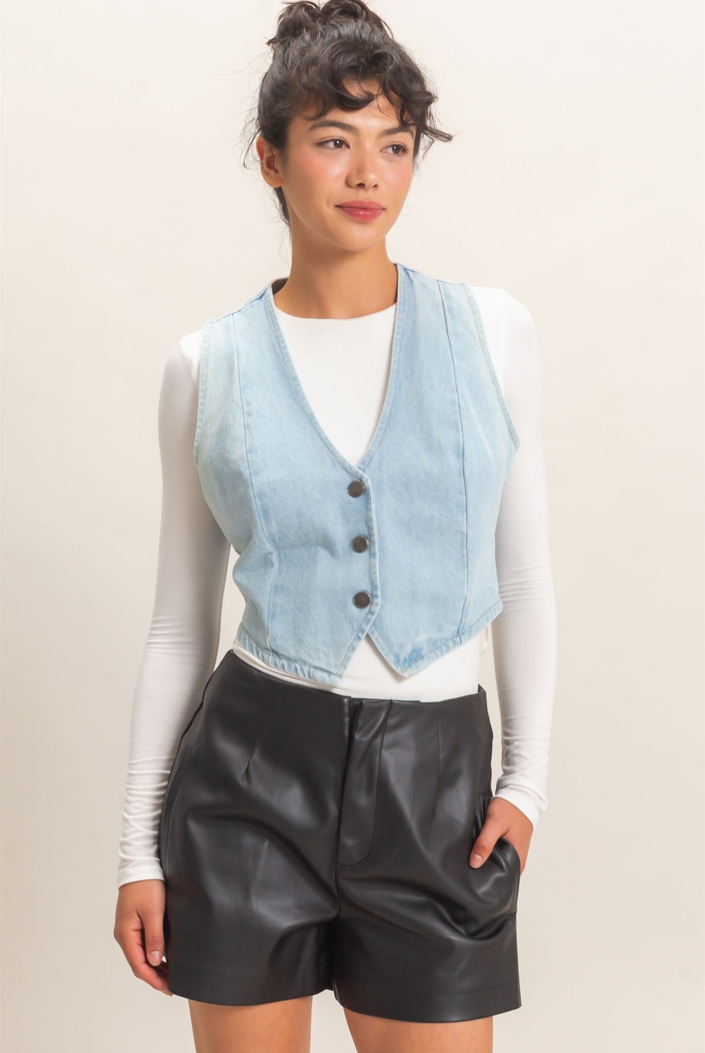 Wholesale Buttoned Denim Vest Vests DZ26E266 LIGHT BLUE DOUBLE ZERO