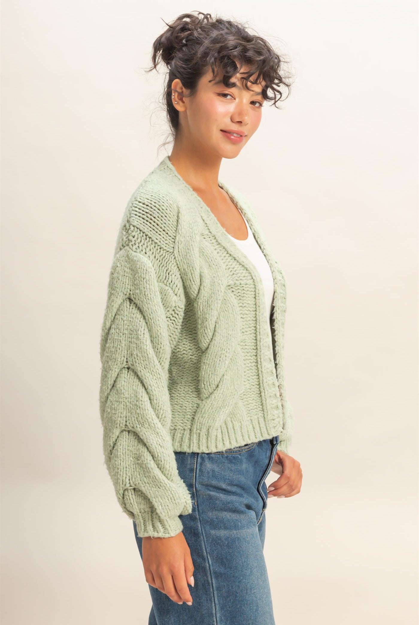 Wholesale Oversized Cable Knit Open Front Cardigan Sweater Cardigans DZ25F072 SAGE GREEN DOUBLE ZERO