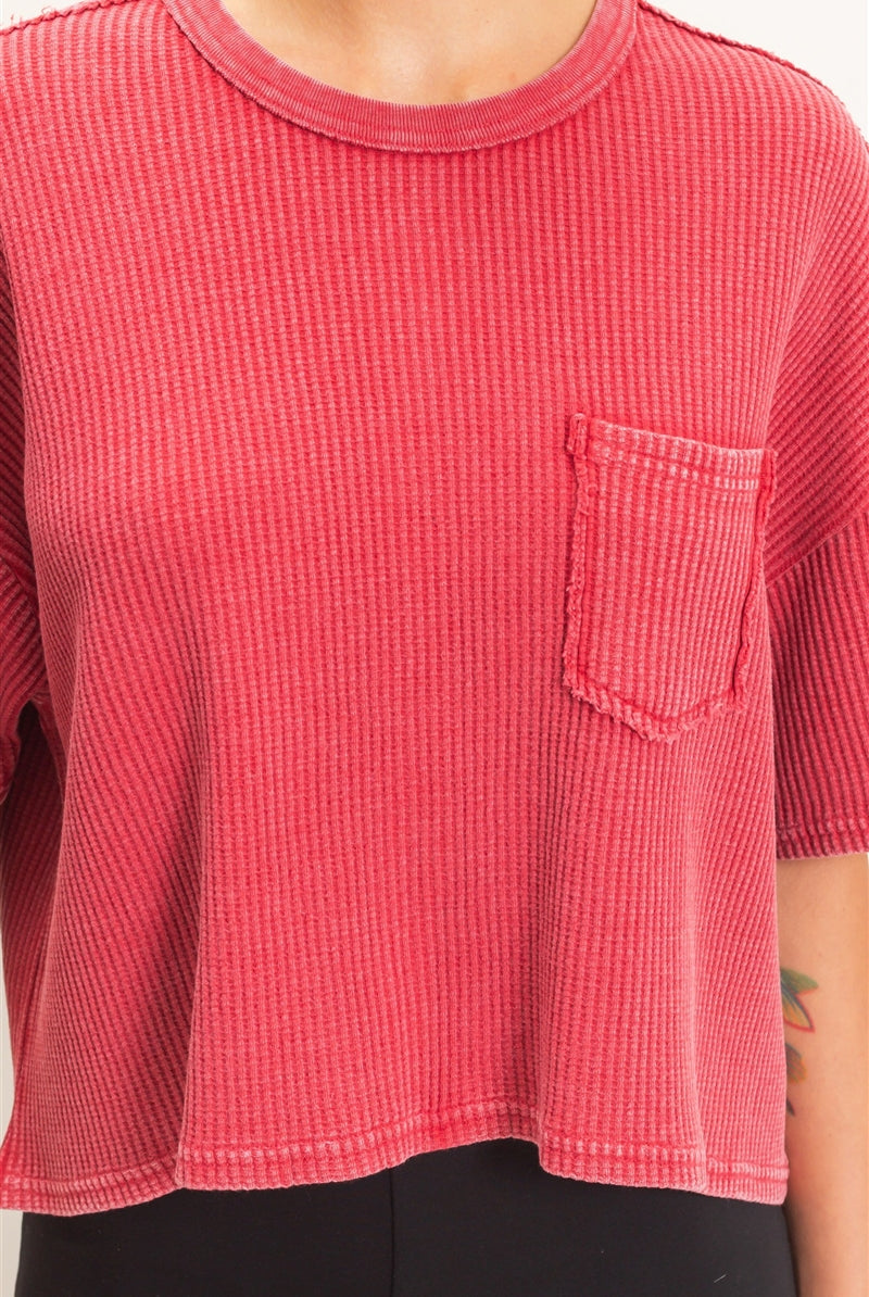 Wholesale Mineral Wash Waffle Knit Pocket Top Clothing Tops DZ26E222 DARK RED DOUBLE ZERO