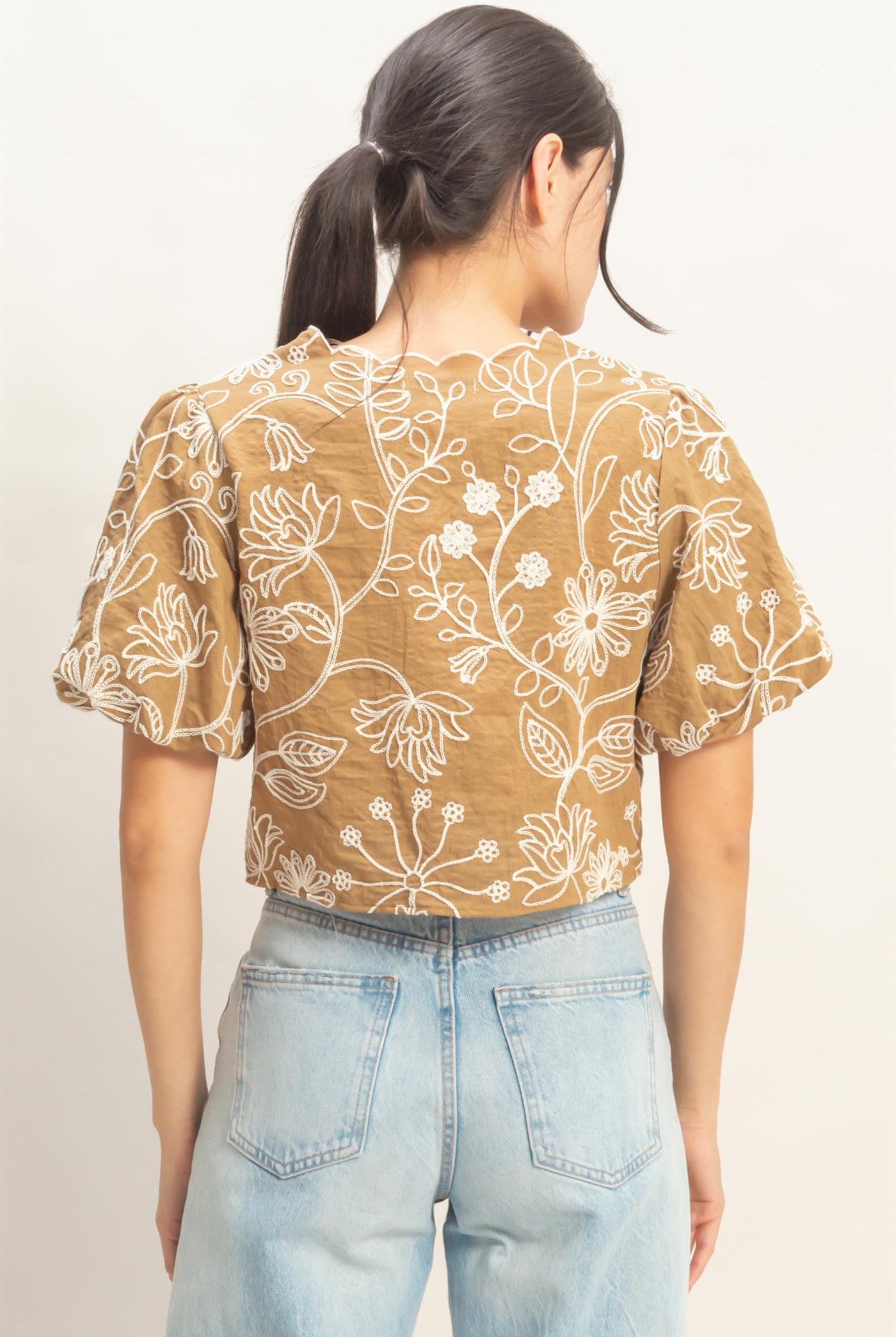 Wholesale Floral Embroidered Tie-Front Top Blouses HF26C556-D LIGHT BROWN HYFVE