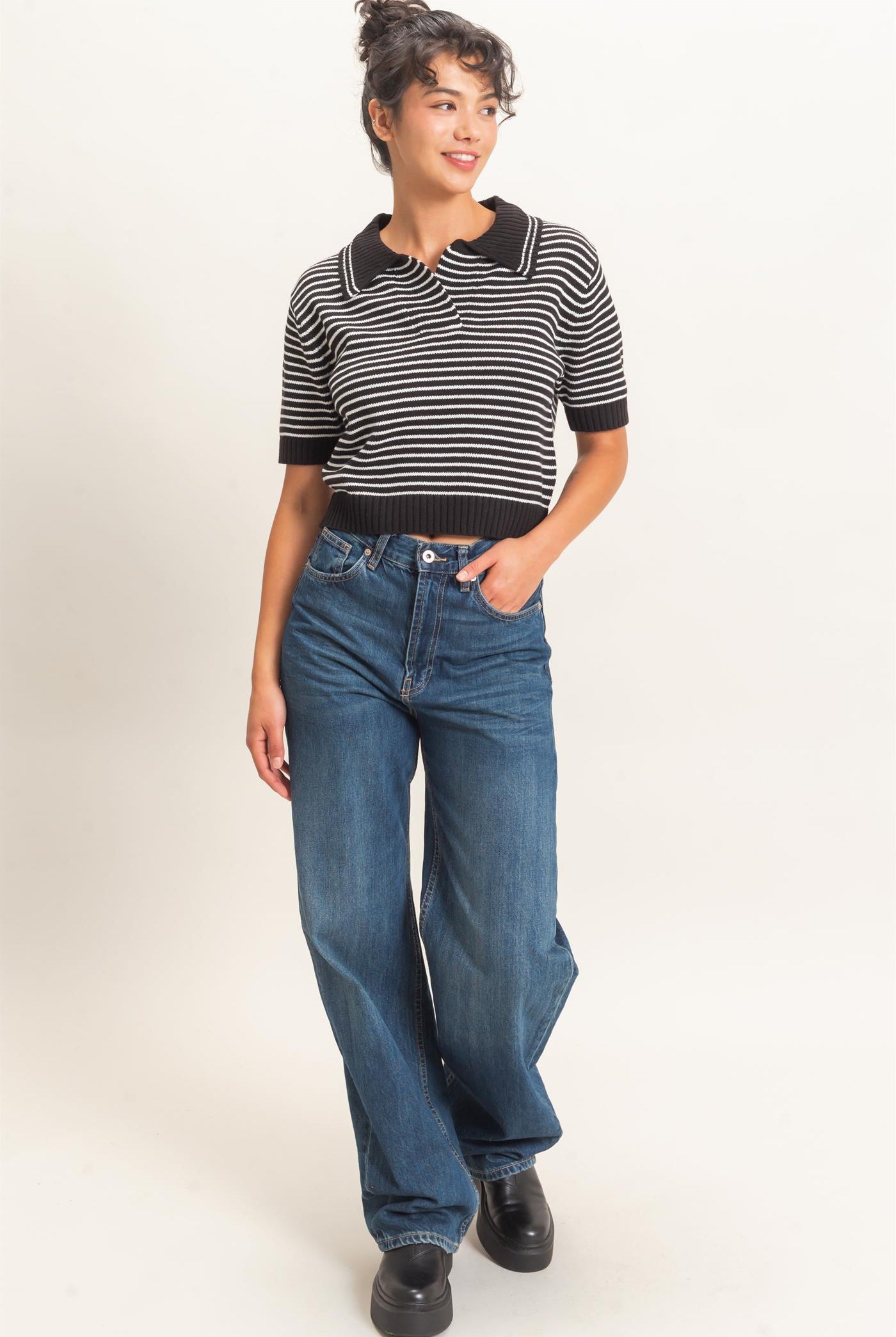 Wholesale Striped Short Sleeve Collar Knit Top Clothing Tops DZ26E261 BLACK DOUBLE ZERO