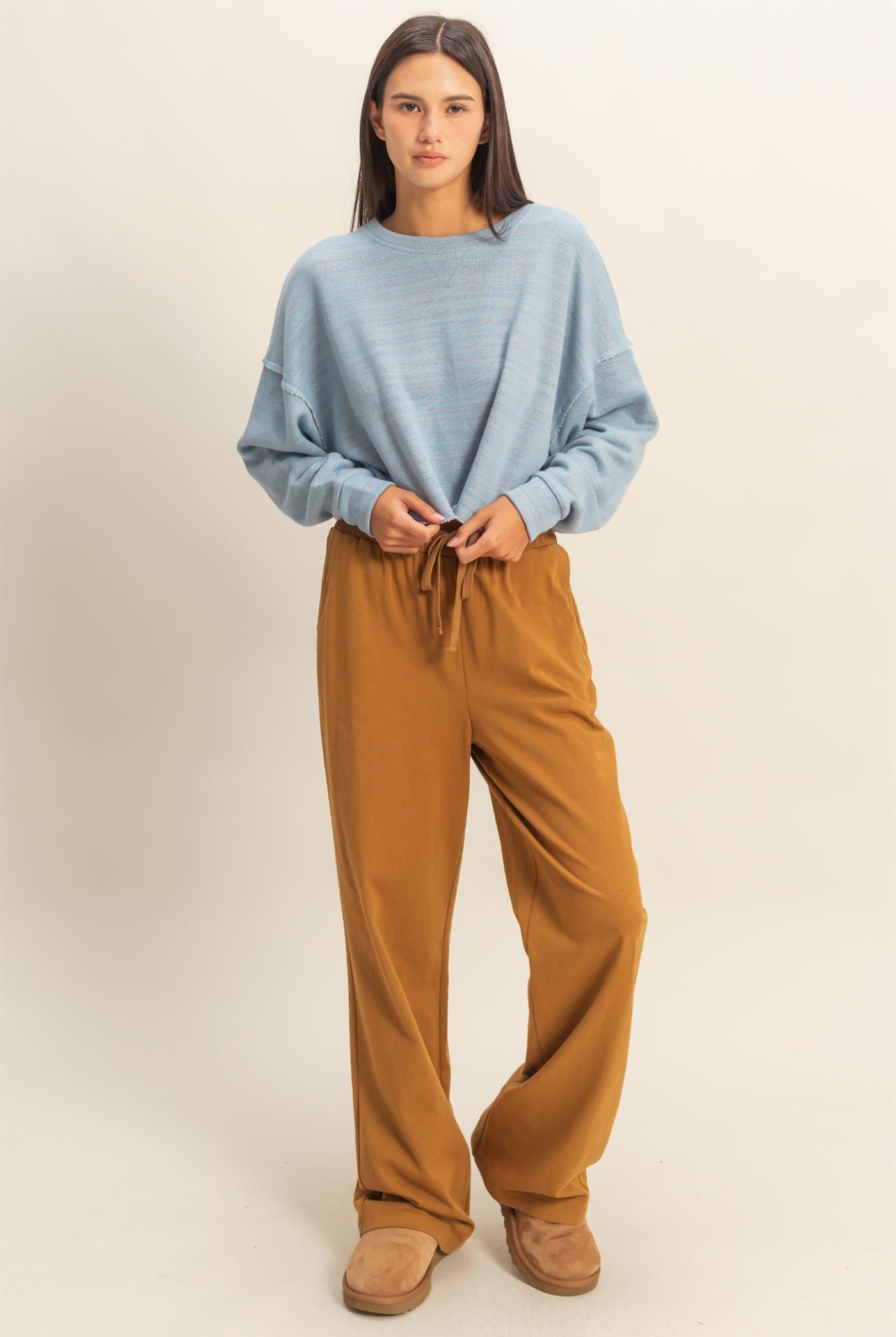 Wholesale Drop-Shoulder Cropped Top Clothing Tops DZ22G906 DUSTY BLUE DOUBLE ZERO