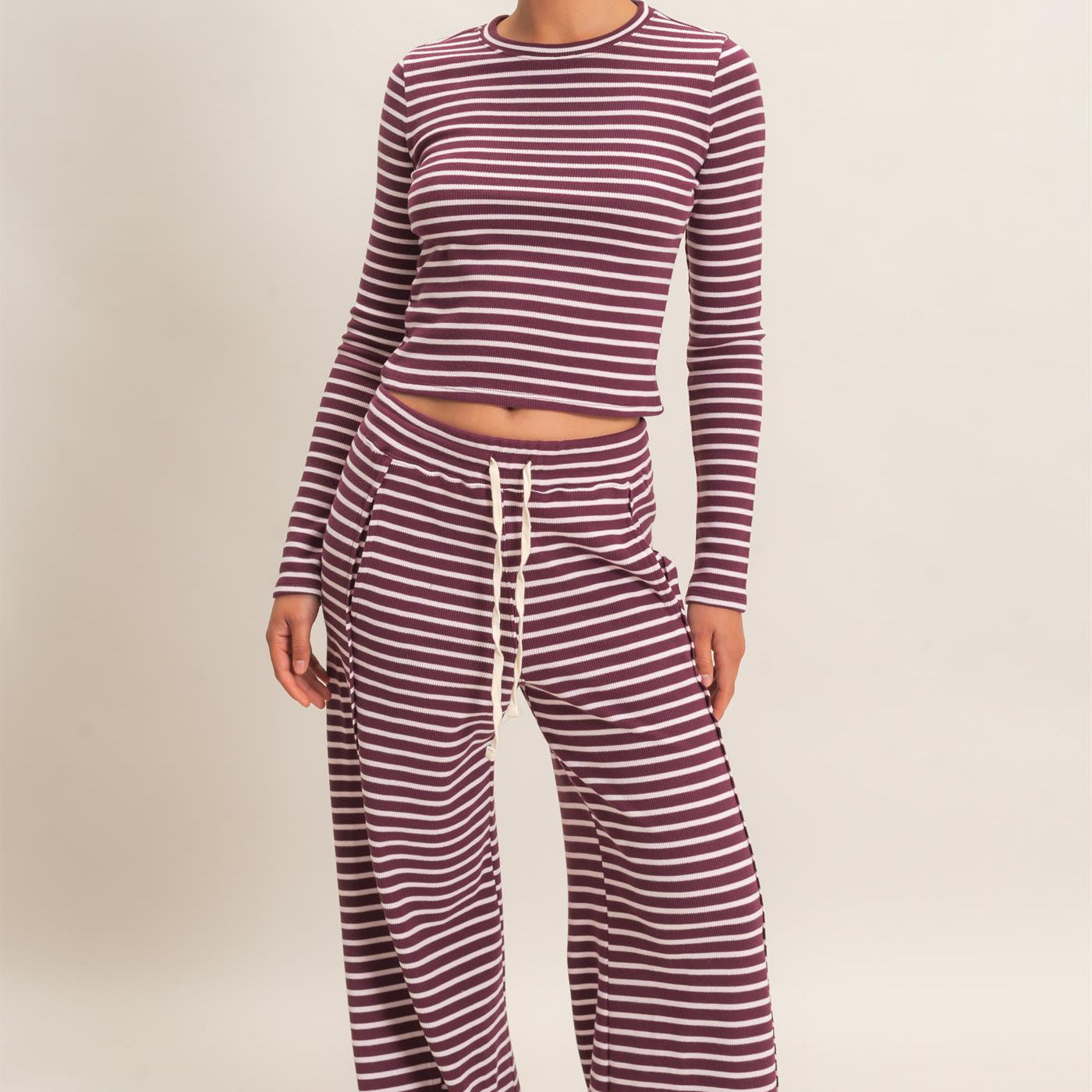 Wholesale Striped Waffle Long Sleeve Top & Pants Set Clothing DZ25F479-SET DARK CHERRY DOUBLE ZERO