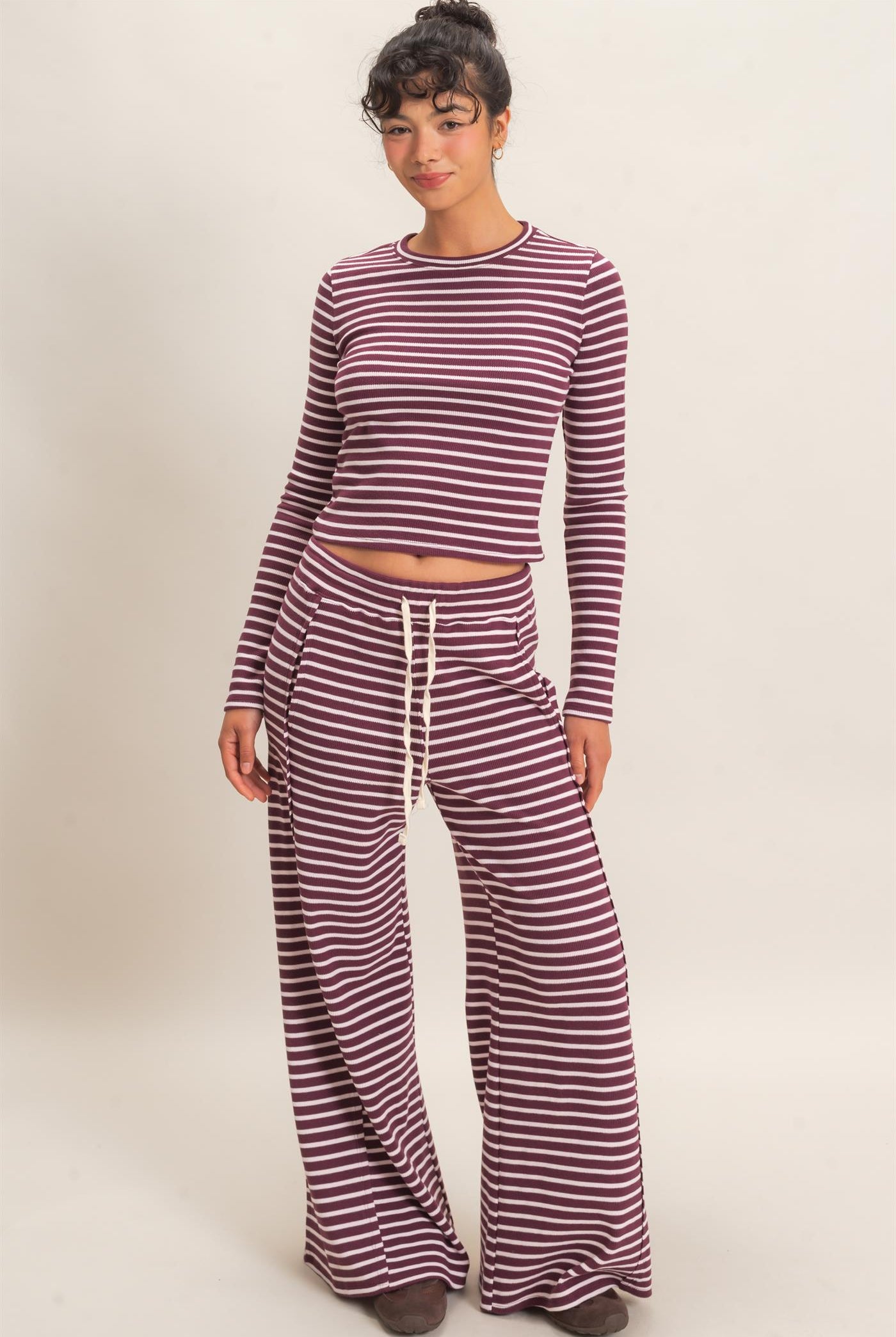 Wholesale Striped Waffle Long Sleeve Top & Pants Set Clothing DZ25F479-SET DARK CHERRY DOUBLE ZERO
