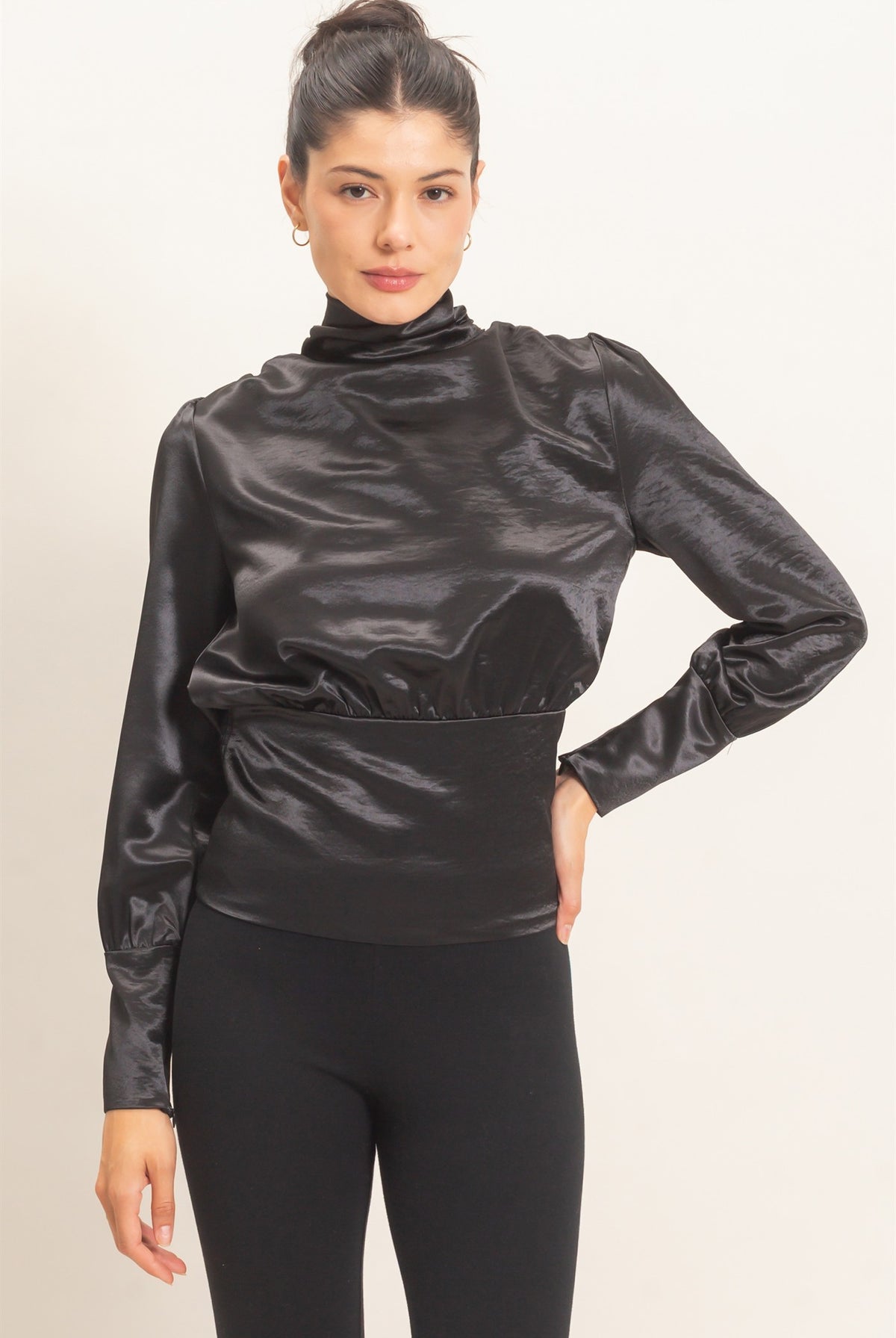Wholesale Satin Cowl Back Blouse Blouses HF26F113 BLACK HYFVE