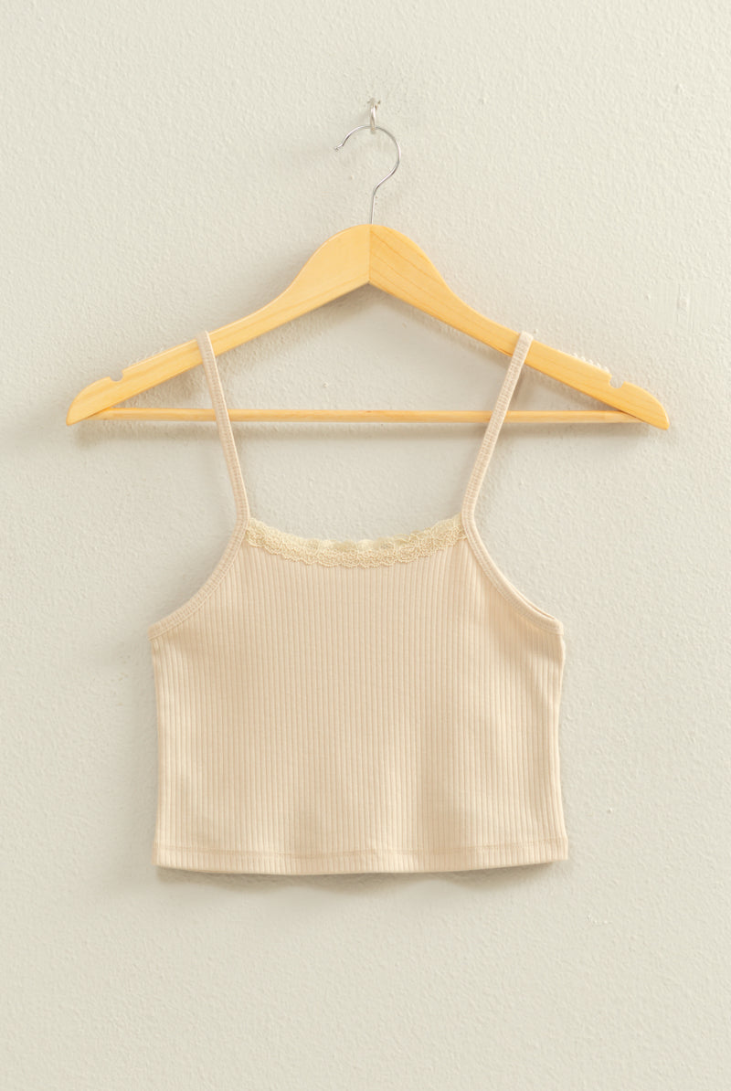 Wholesale Ribbed Lace Detail Cami Crop Top Clothing Tops DZ22C573 KHAKI DOUBLE ZERO