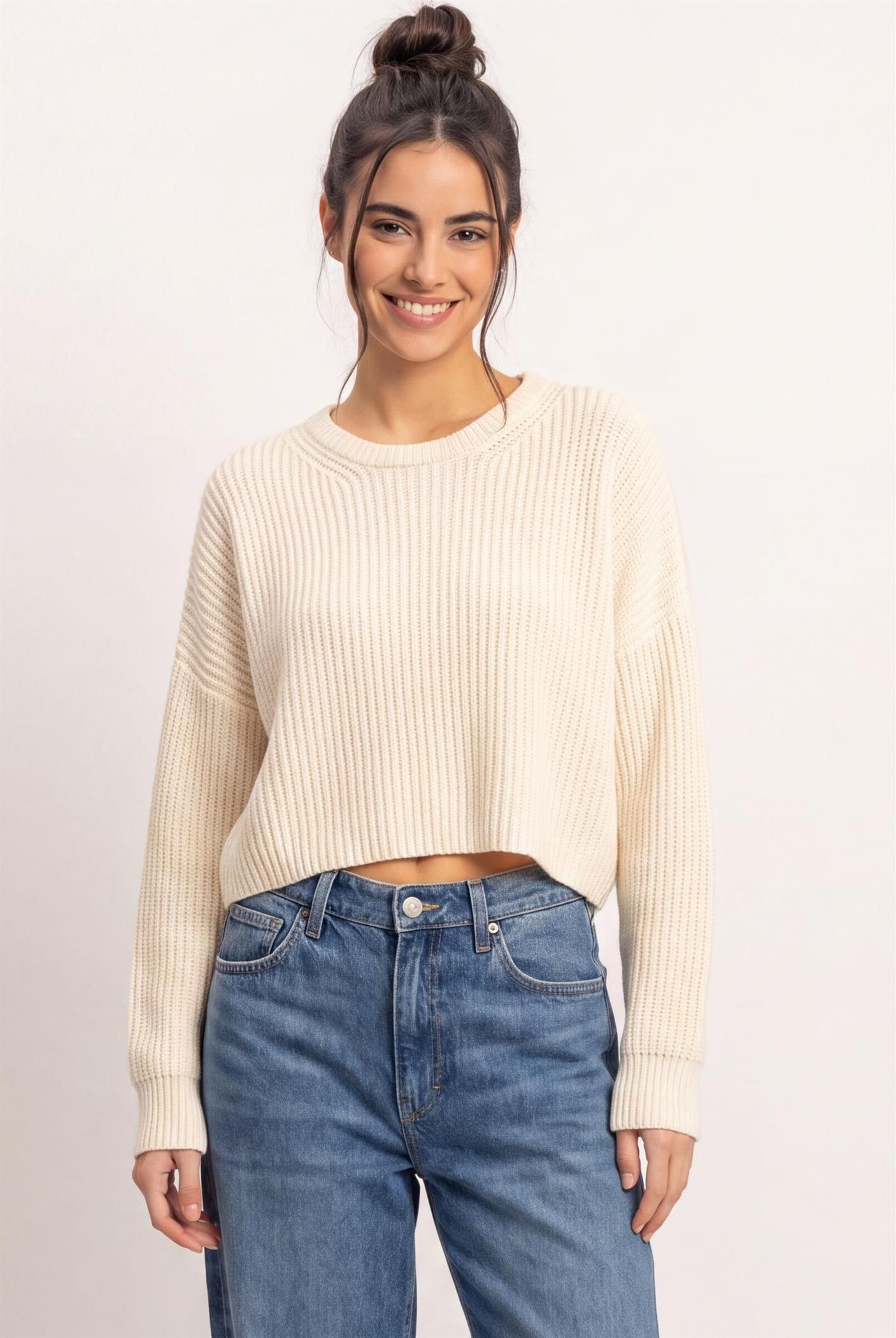Wholesale Oversized Cropped Sweater Sweaters DZ26E252 CREAM DOUBLE ZERO