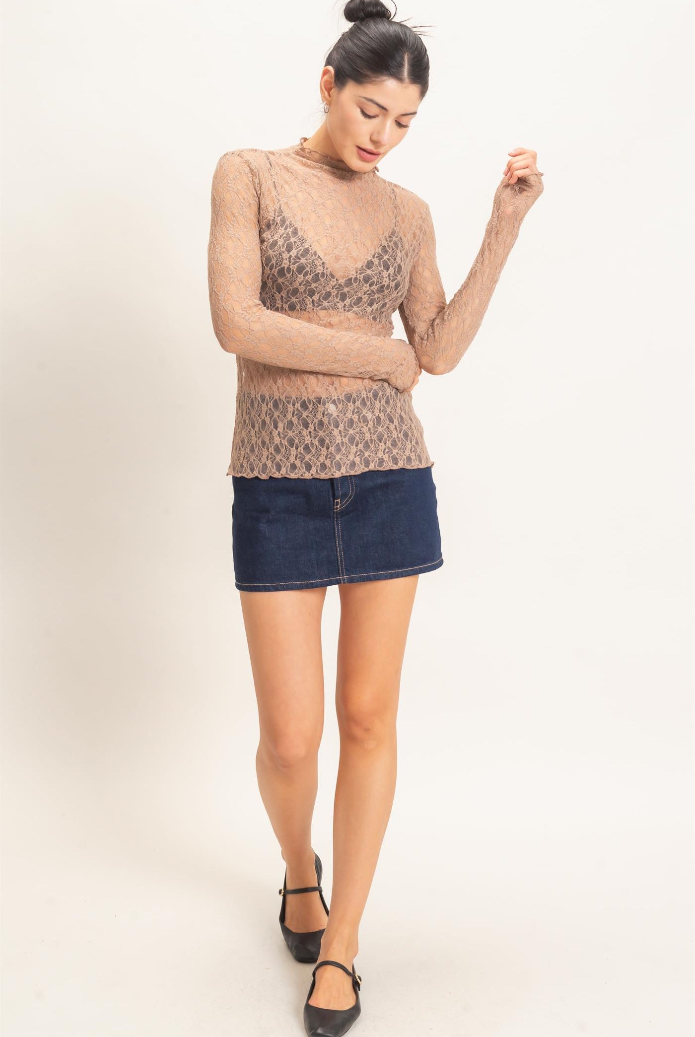 Wholesale Lace Mock Neck Long Sleeve Top Clothing Tops HF26E033-D LIGHT BROWN HYFVE