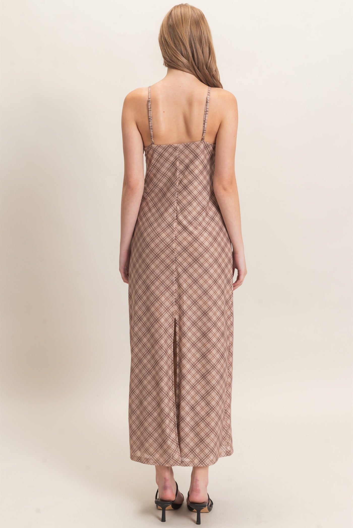 Wholesale Plaid Spaghetti Strap Midi Dress Dresses HF26E709 BEIGE HYFVE