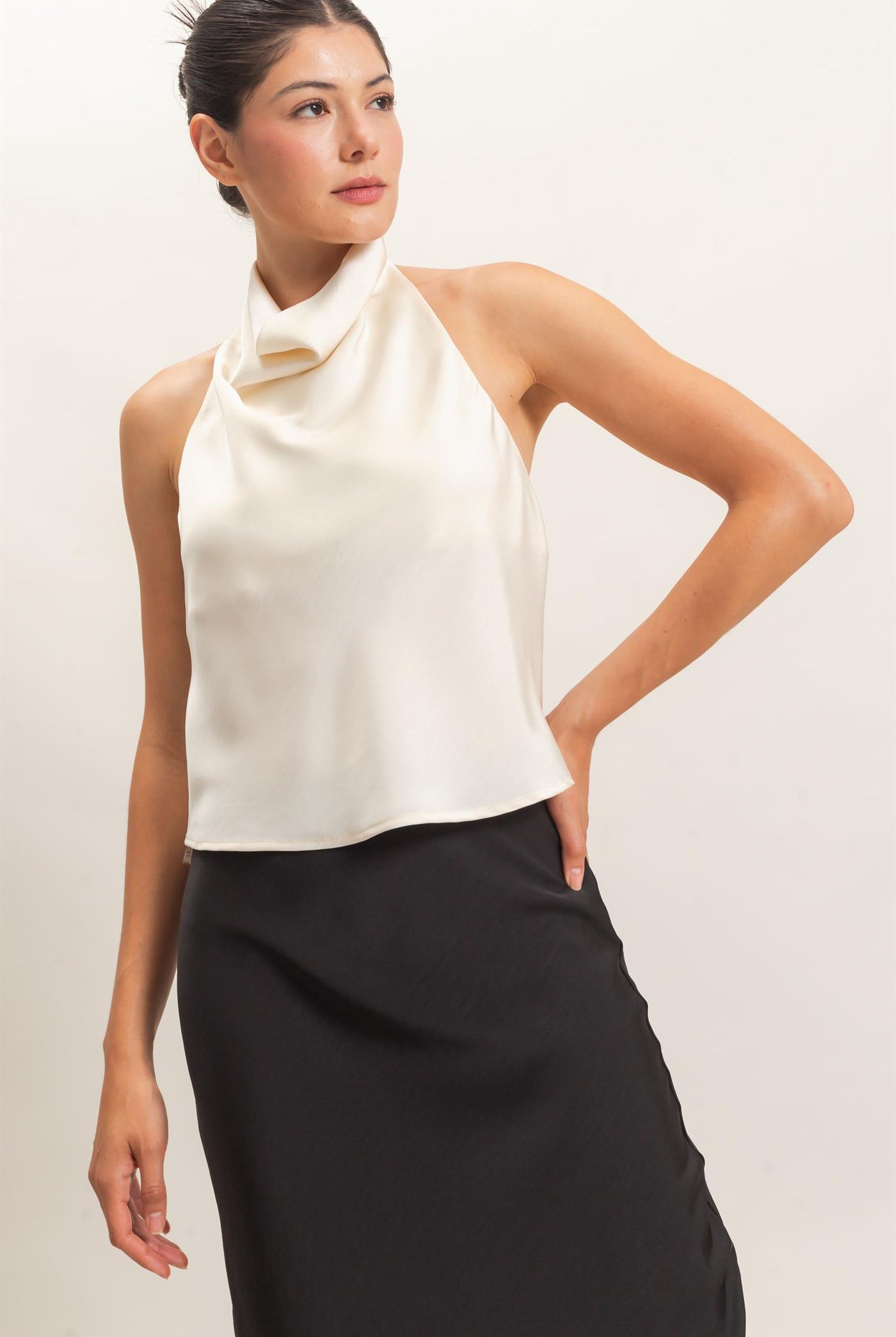 Wholesale Draped Halter Satin Top Blouses HF26E632 CREAM HYFVE