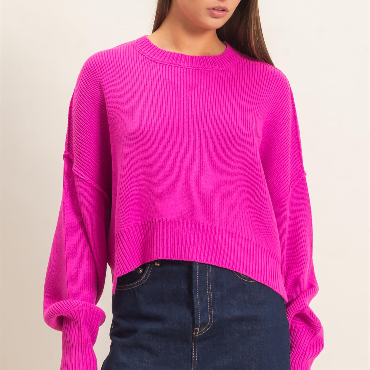 Wholesale Ribbed Drop Shoulder Sweater Sweaters DZ26C982 FUCHSIA DOUBLE ZERO