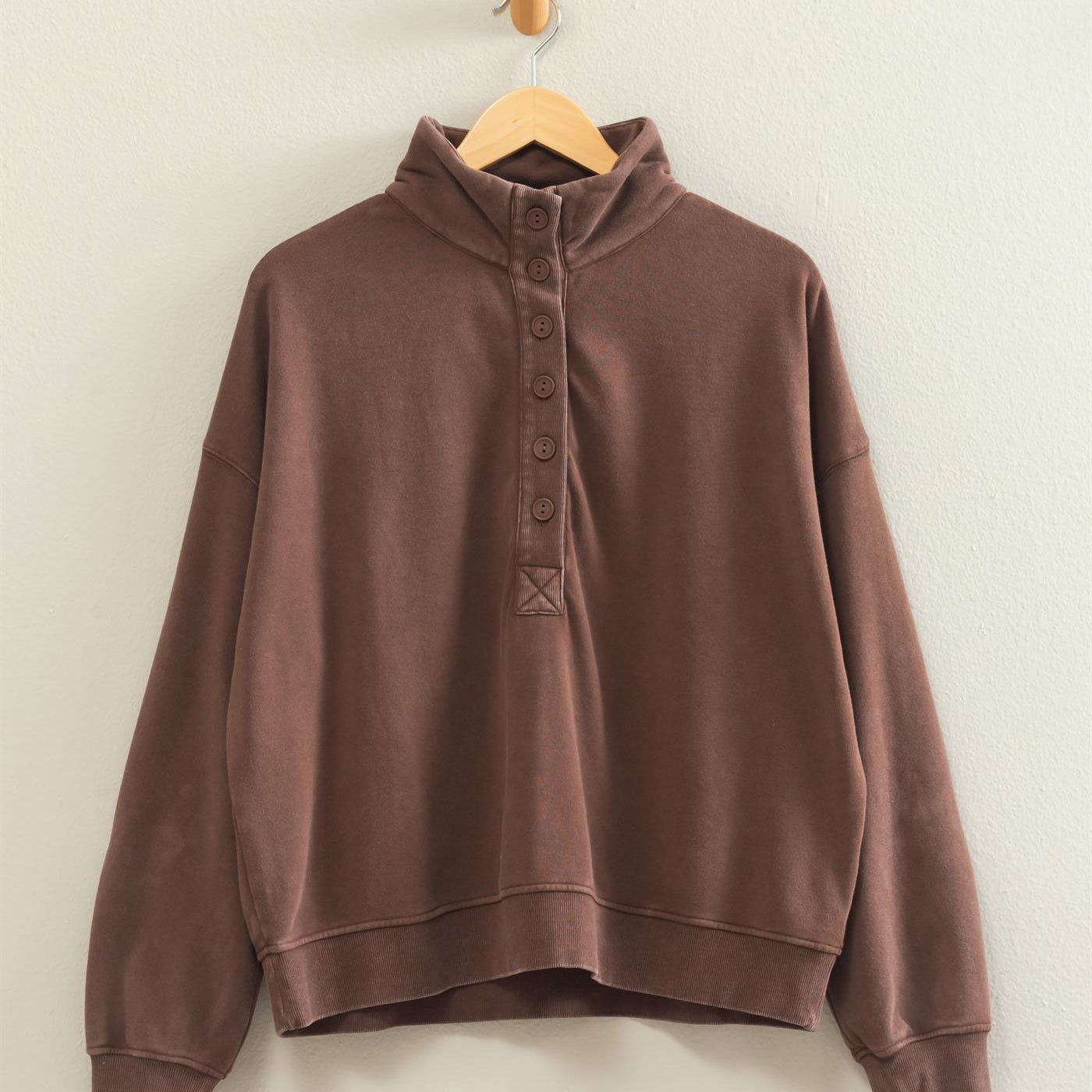 Wholesale Mineral Wash Button Front Sweatshirt Sweatshirts DZ26C909 DARK BROWN DOUBLE ZERO