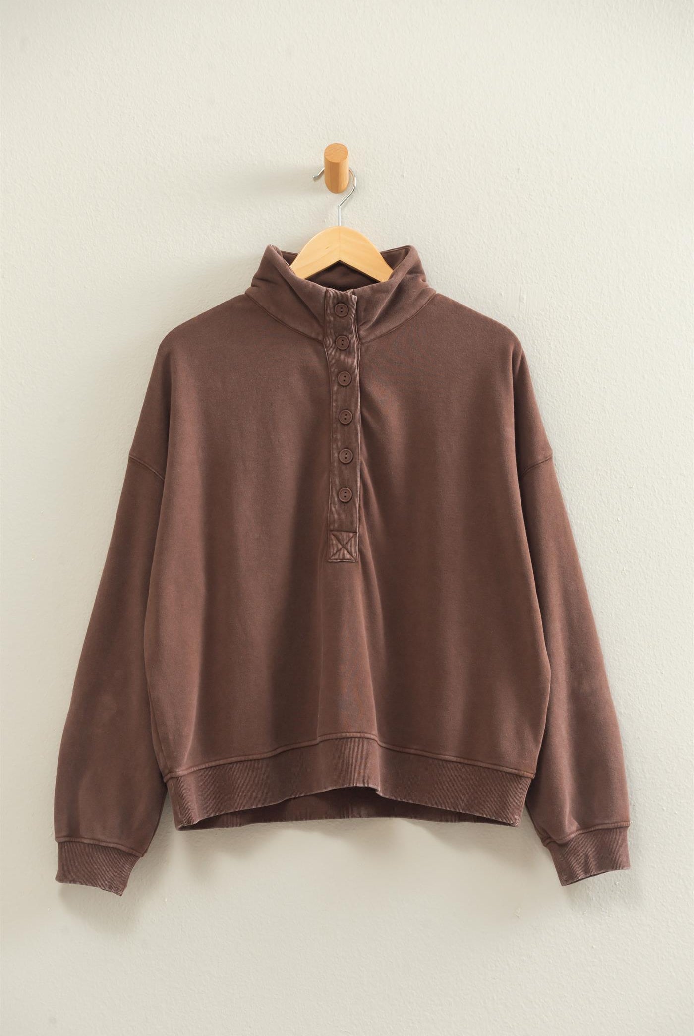 Wholesale Mineral Wash Button Front Sweatshirt Sweatshirts DZ26C909 DARK BROWN DOUBLE ZERO