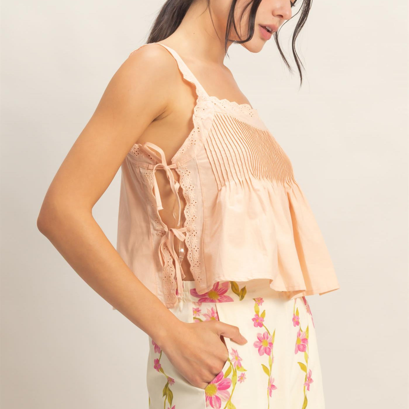 Wholesale Pleated Lace Trim Tank Tank Tops HF26C271 BLUSH HYFVE