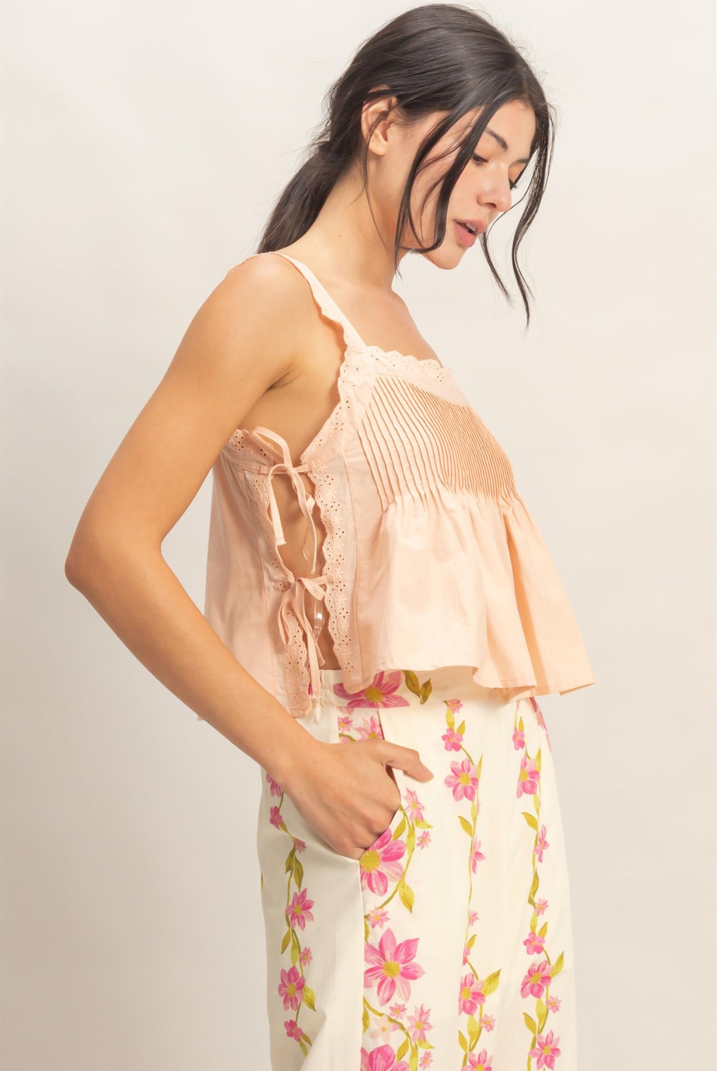 Wholesale Pleated Lace Trim Tank Tank Tops HF26C271 BLUSH HYFVE