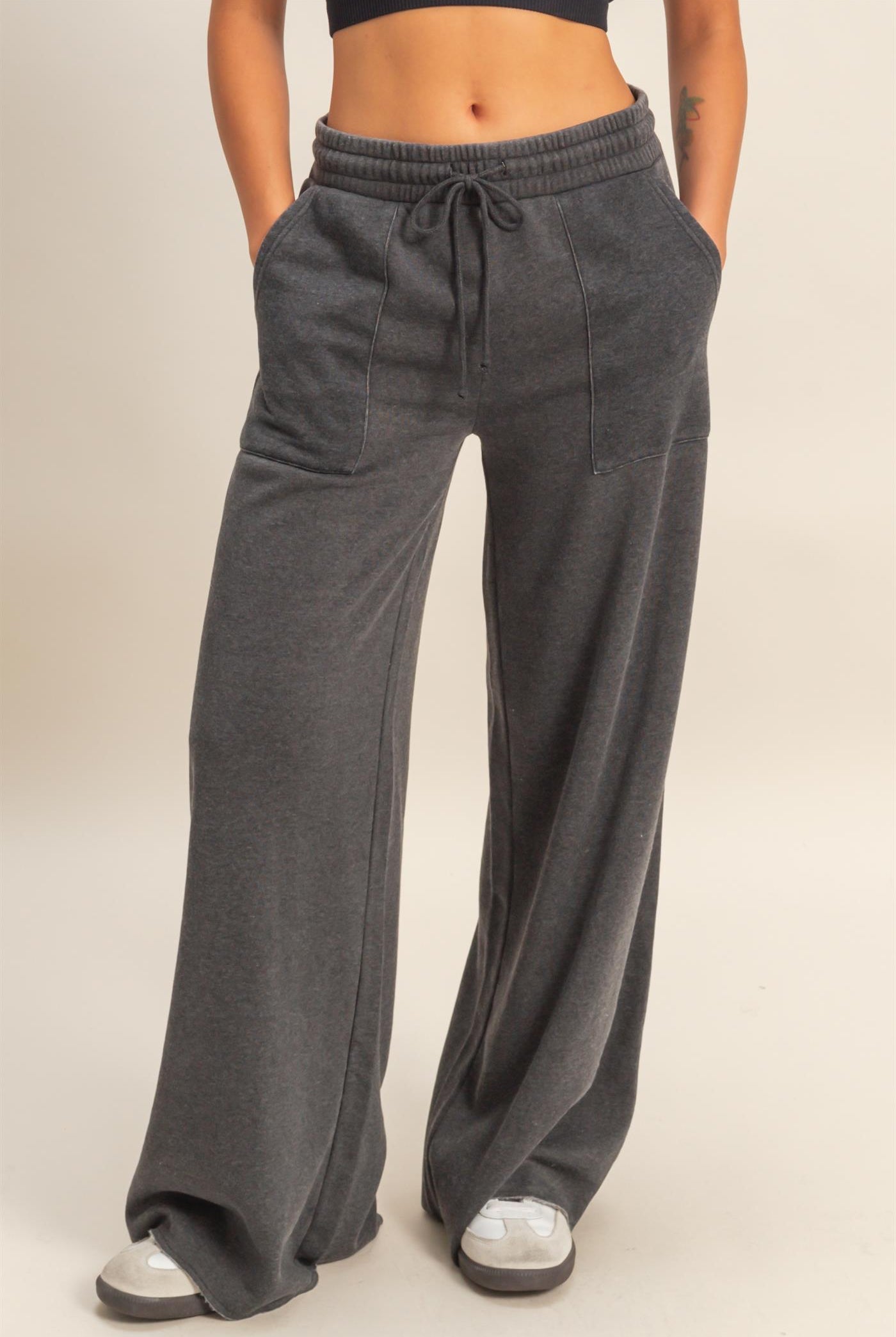 Wholesale Burnout French Terry Wide-Leg Pants Pants DZ26A259 BLACK DOUBLE ZERO
