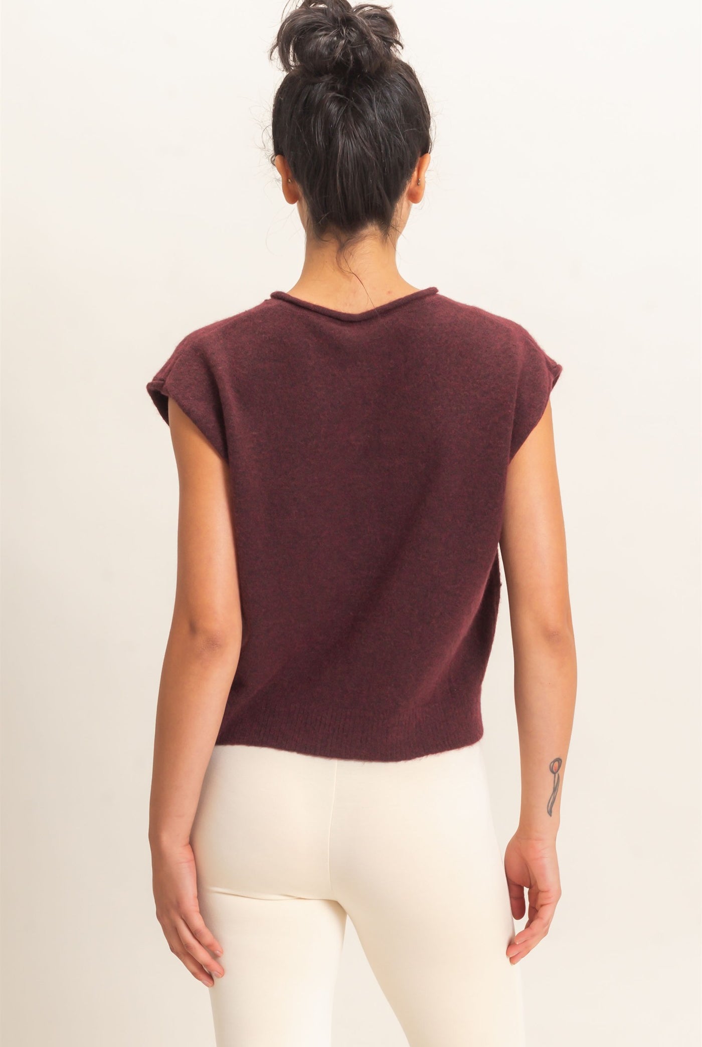 Wholesale Rolled Edge Button Front Sweater Vest Sweaters DZ26E239 DARK CHERRY DOUBLE ZERO
