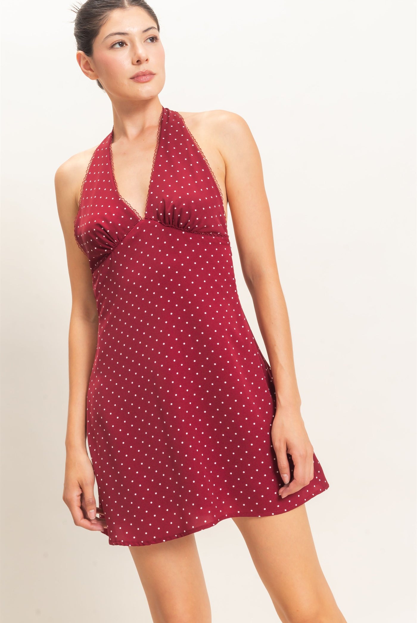 Wholesale Polka Dot Halter Dress Dresses HF26F027 BURGUNDY HYFVE