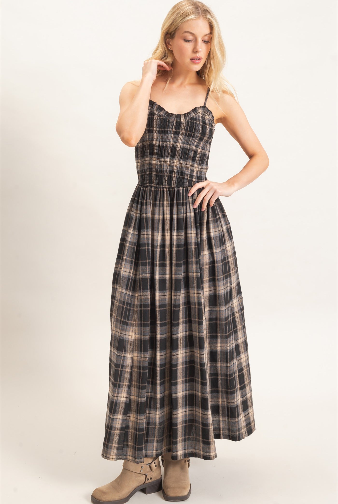 Wholesale Plaid Smocked Maxi Dress Dresses HF26C898 BLACK HYFVE