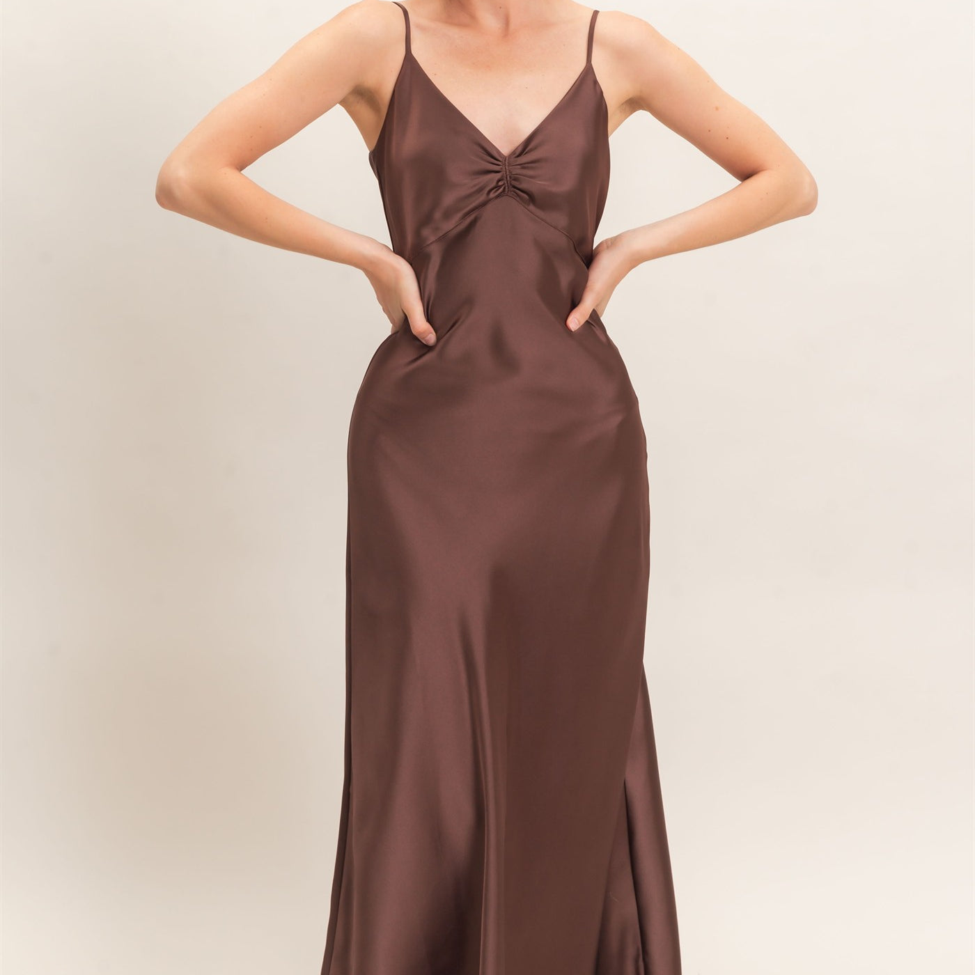 Wholesale Satin Slip Dress With Spaghetti Straps Dresses DZ26E380 DARK BROWN DOUBLE ZERO