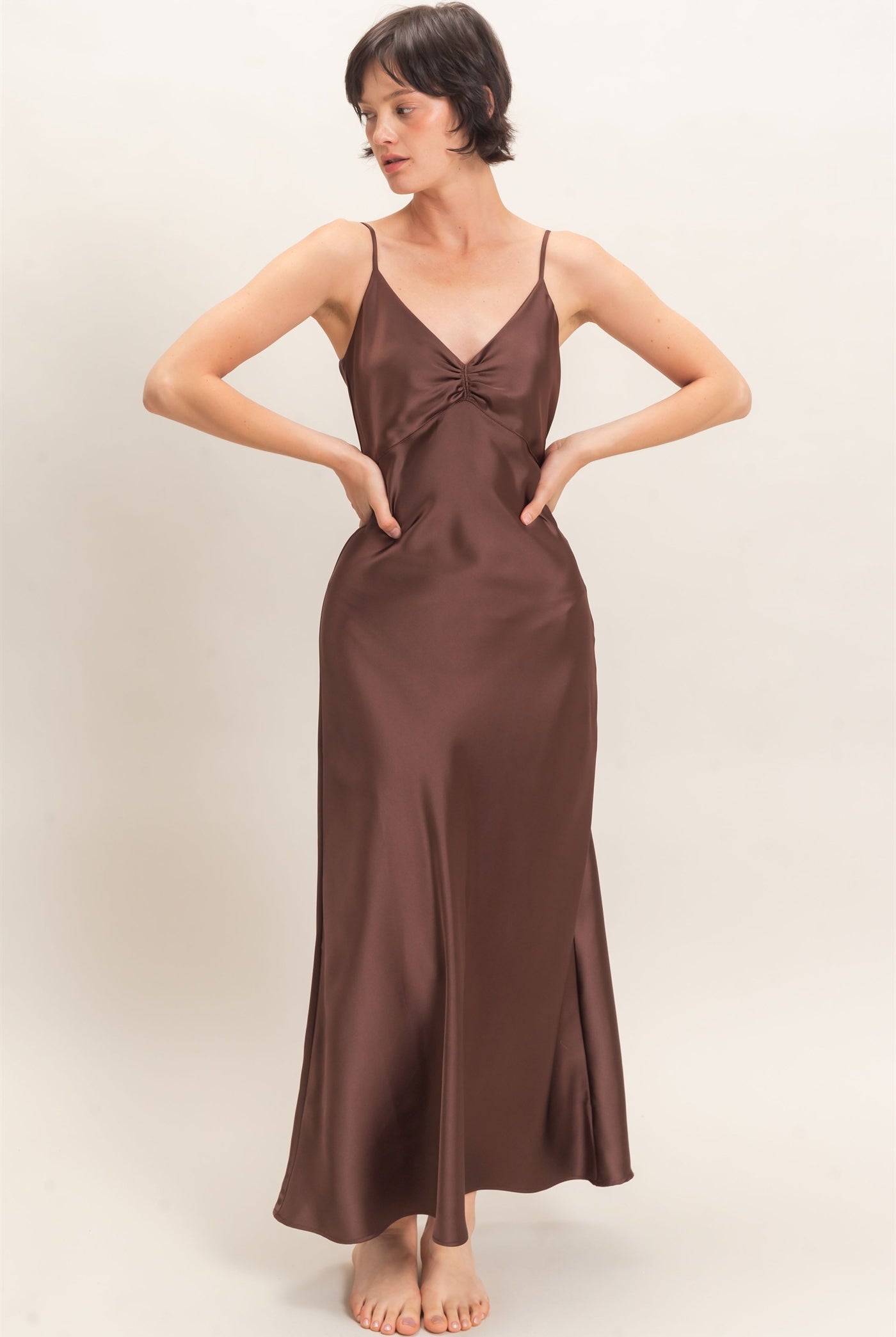 Wholesale Satin Slip Dress With Spaghetti Straps Dresses DZ26E380 DARK BROWN DOUBLE ZERO