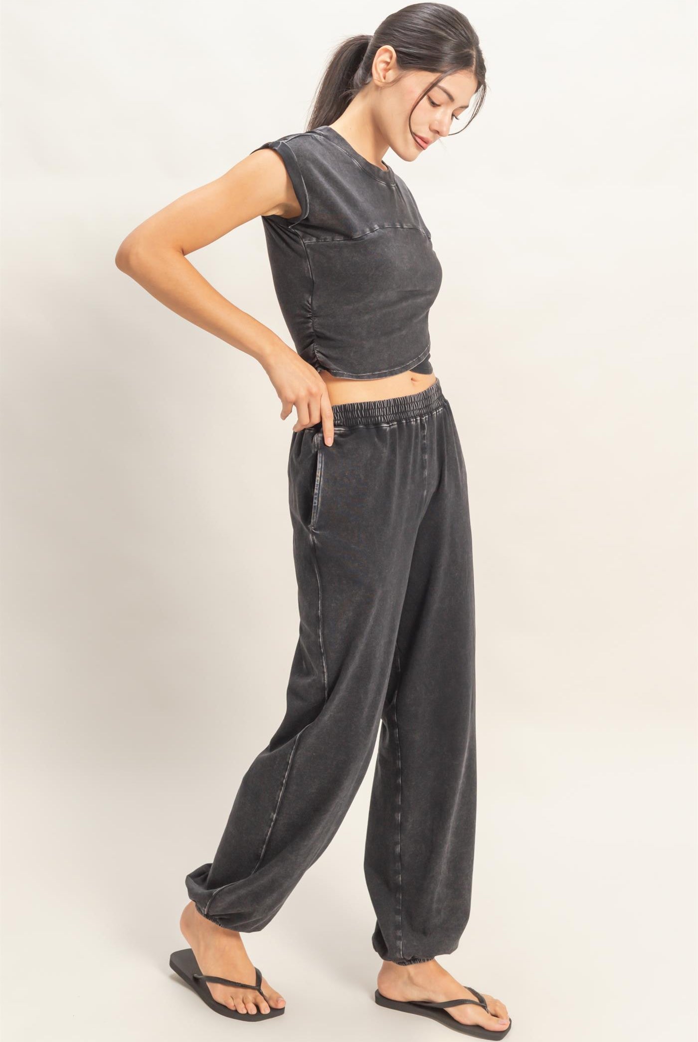 Wholesale Rolled Sleeve Wrap-Front Crop Top And Jogger Set Clothing DZ26A172-SET BLACK DOUBLE ZERO