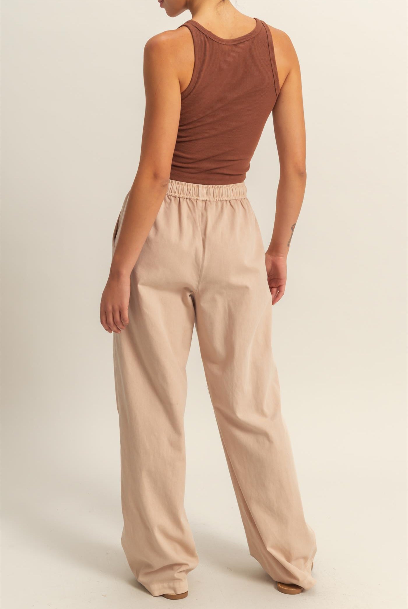 Wholesale Drawstring Waist Straight Leg Pants Pants DZ24A339 DARK TAUPE DOUBLE ZERO
