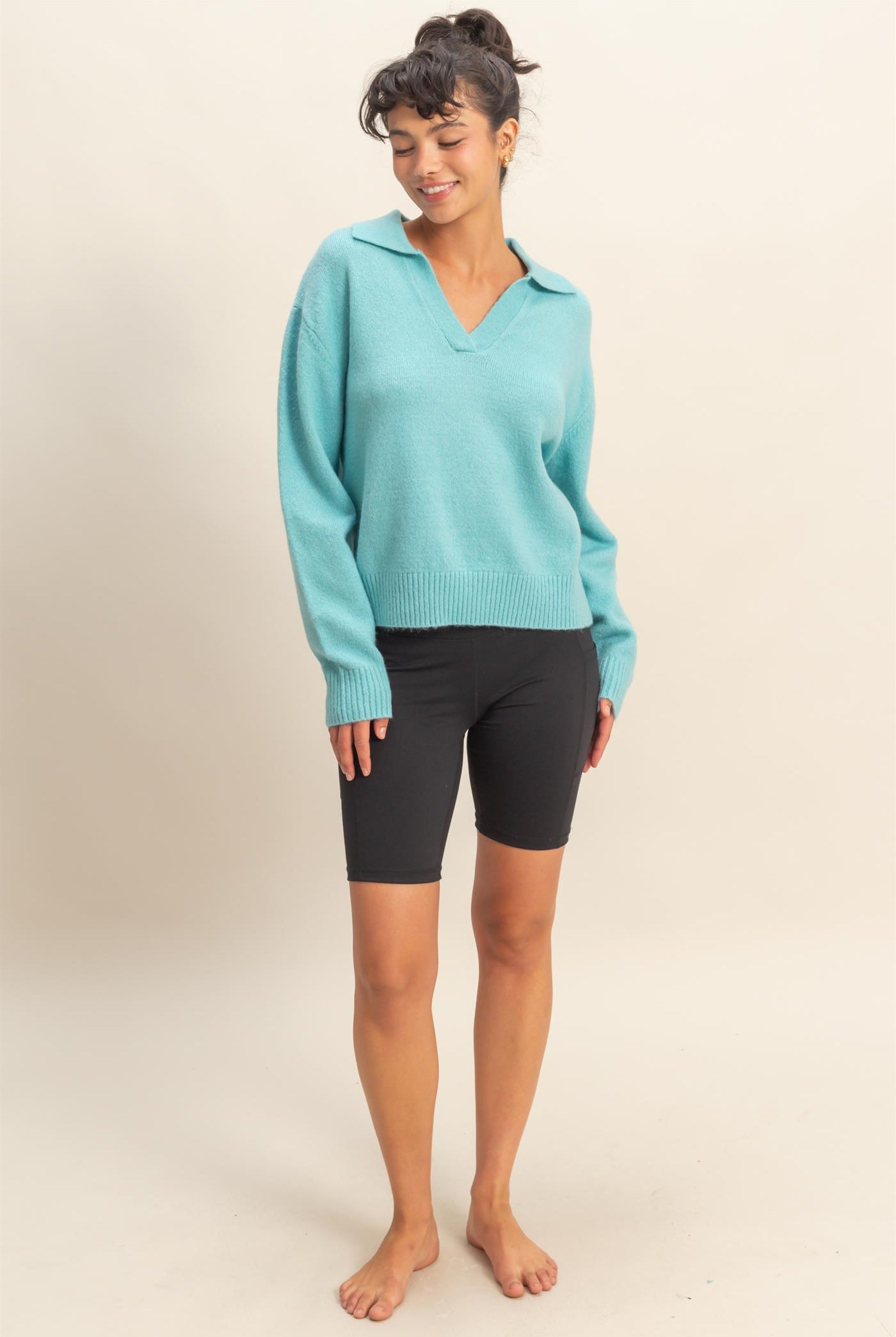 Wholesale Collared V Neck Sweater Sweaters DZ25C947 SKY BLUE DOUBLE ZERO