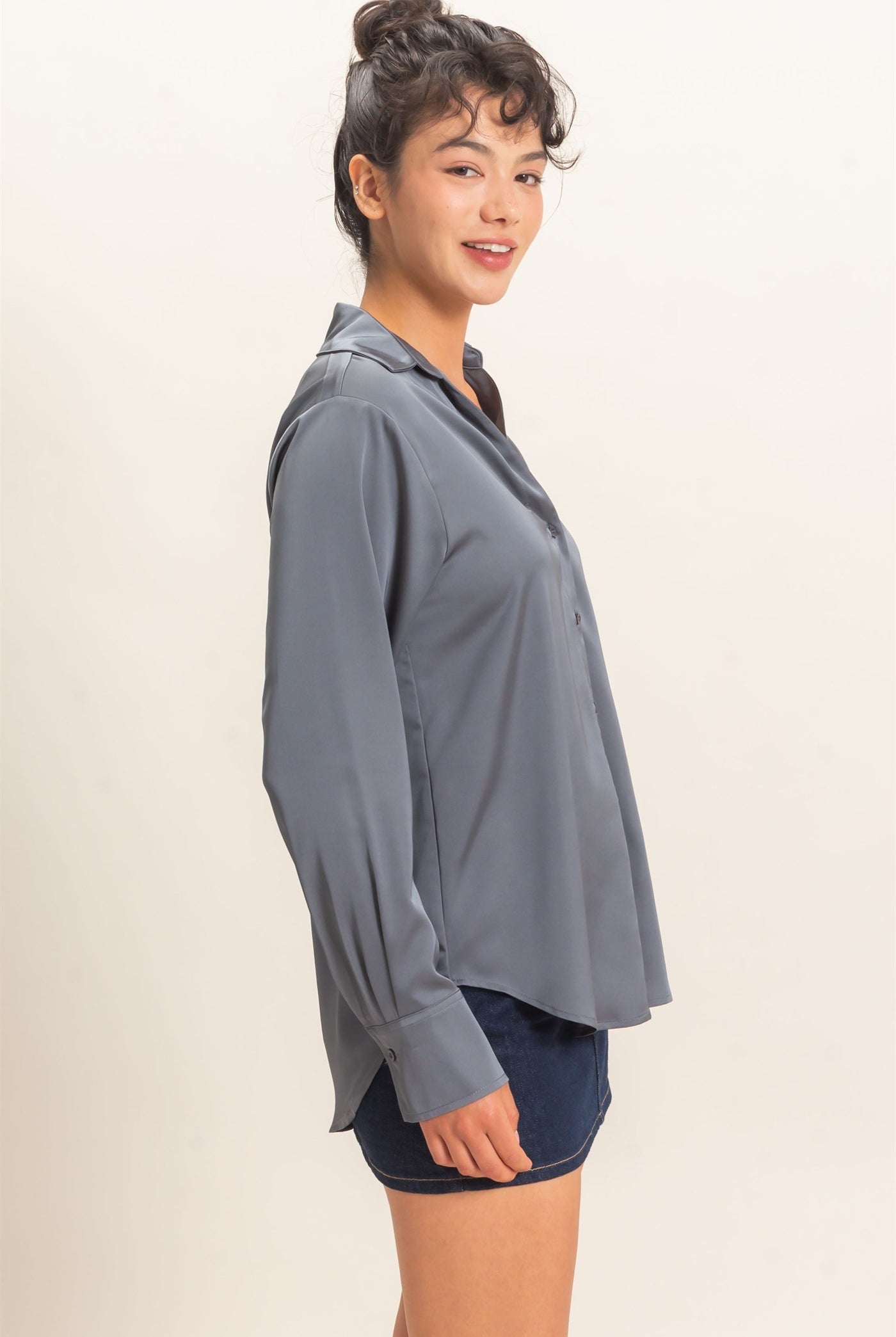 Wholesale Satin Button-Down Shirts Shirts DZ26E265 DARK GRAY DOUBLE ZERO