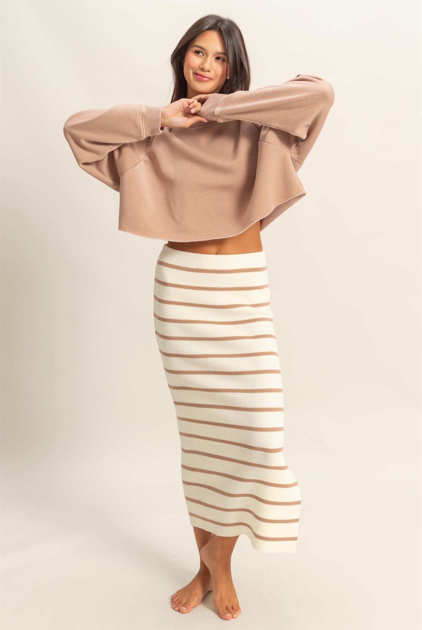 Wholesale Striped High Waist Bodycon Sweater Skirt Skirts DZ25A637 TAUPE/CREAM DOUBLE ZERO
