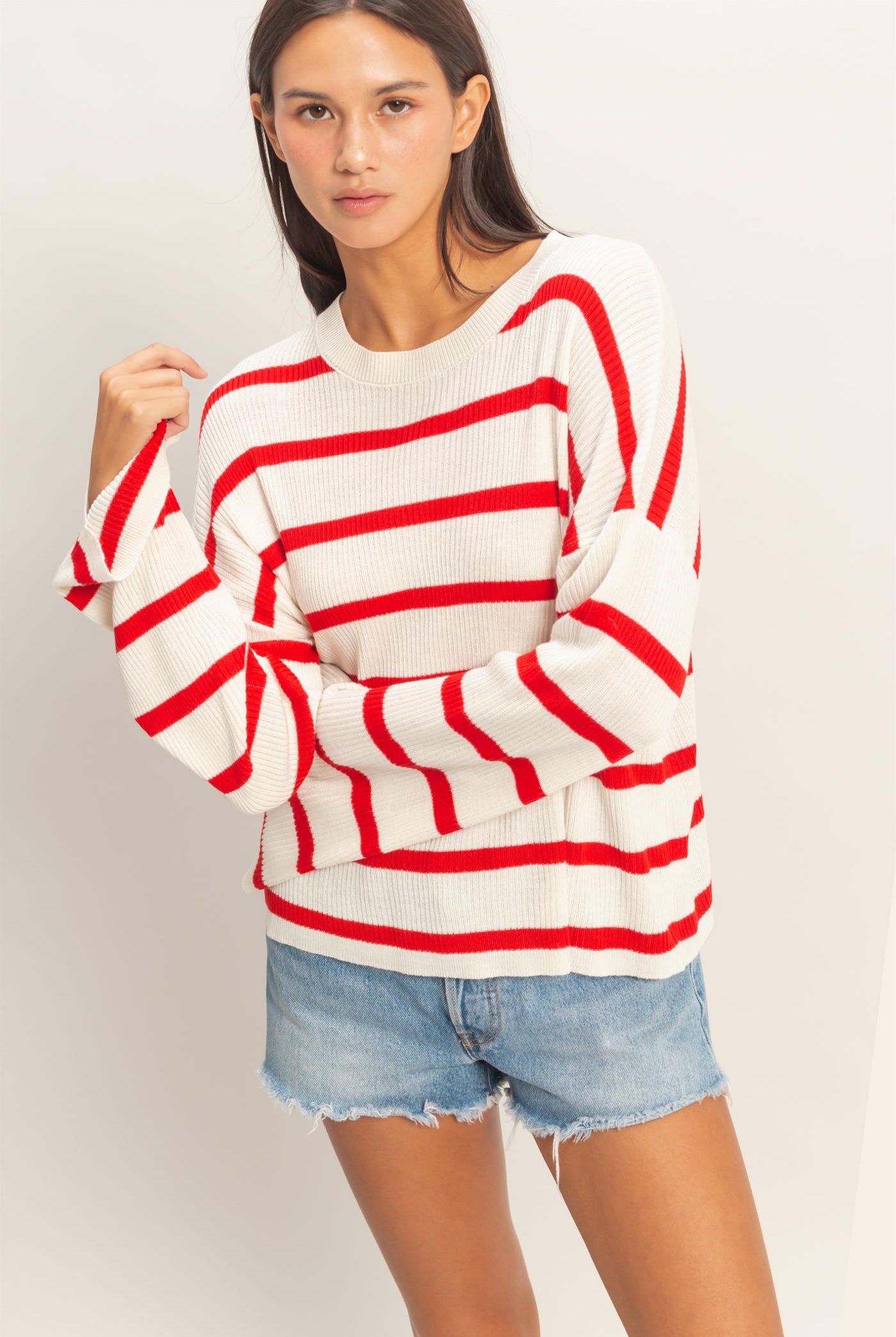 Wholesale Lightweight Wide-Sleeve Striped Sweater Clothing Tops DZ26A329 RED DOUBLE ZERO