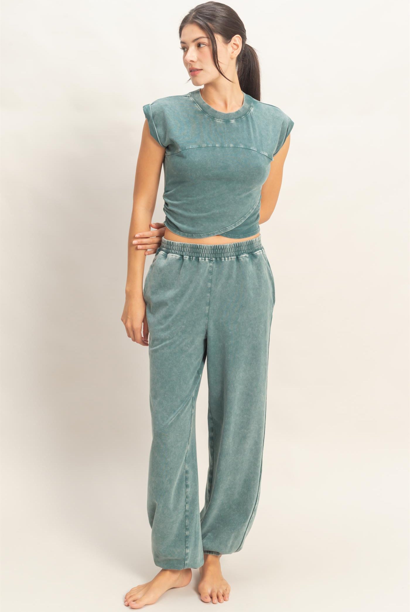 Wholesale Rolled Sleeve Wrap-Front Crop Top And Jogger Set Clothing DZ26A172-SET DARK TEAL DOUBLE ZERO