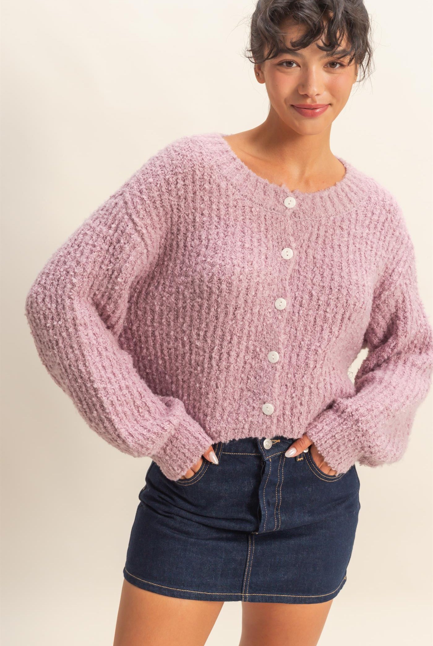 Wholesale Fluffy Knit Button-Up Cardigan Sweater Cardigans DZ25E592 PINK FROST DOUBLE ZERO