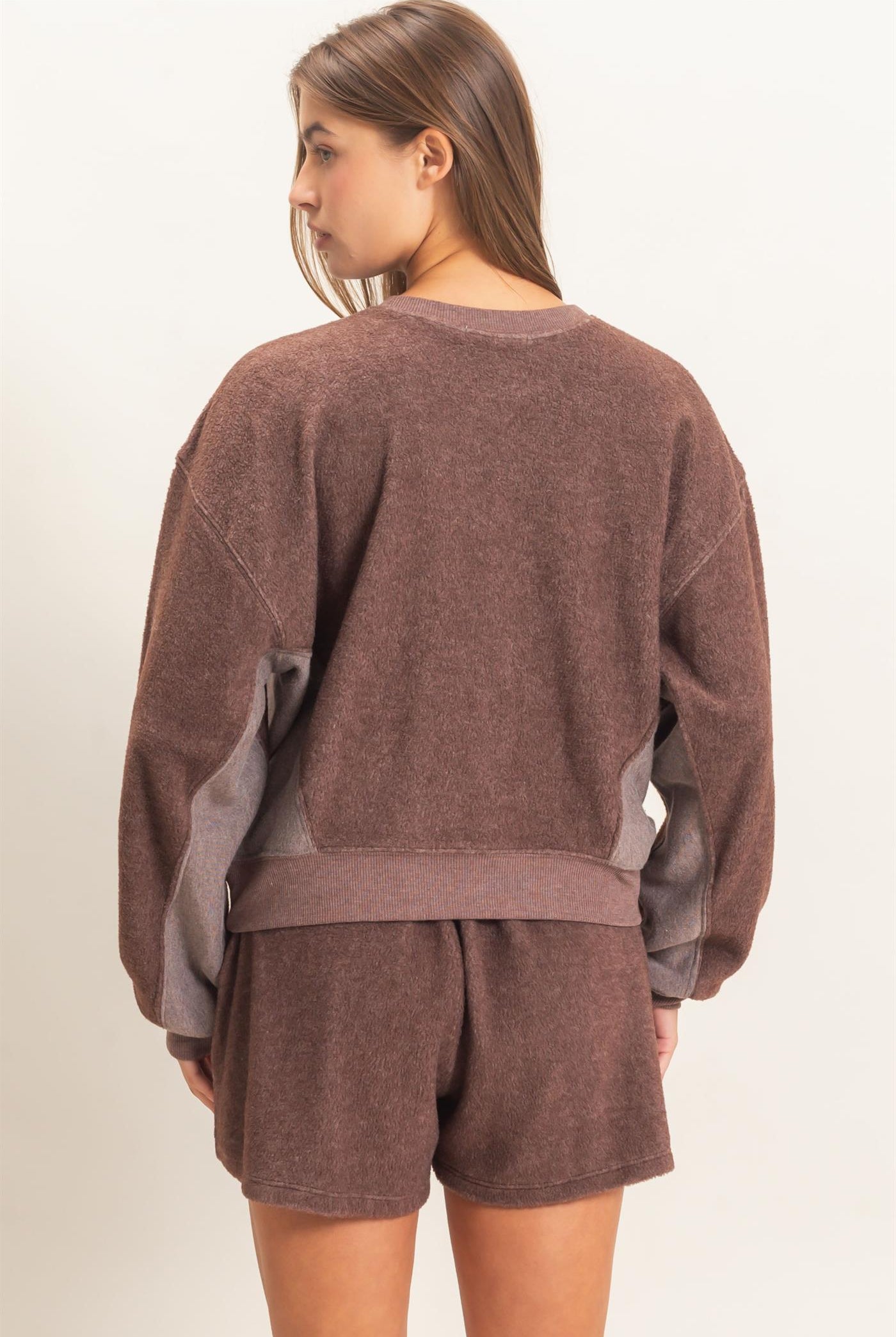 Wholesale Contrast Sweatshirt & Shorts Set Clothing DZ25F478-SET DARK BROWN DOUBLE ZERO