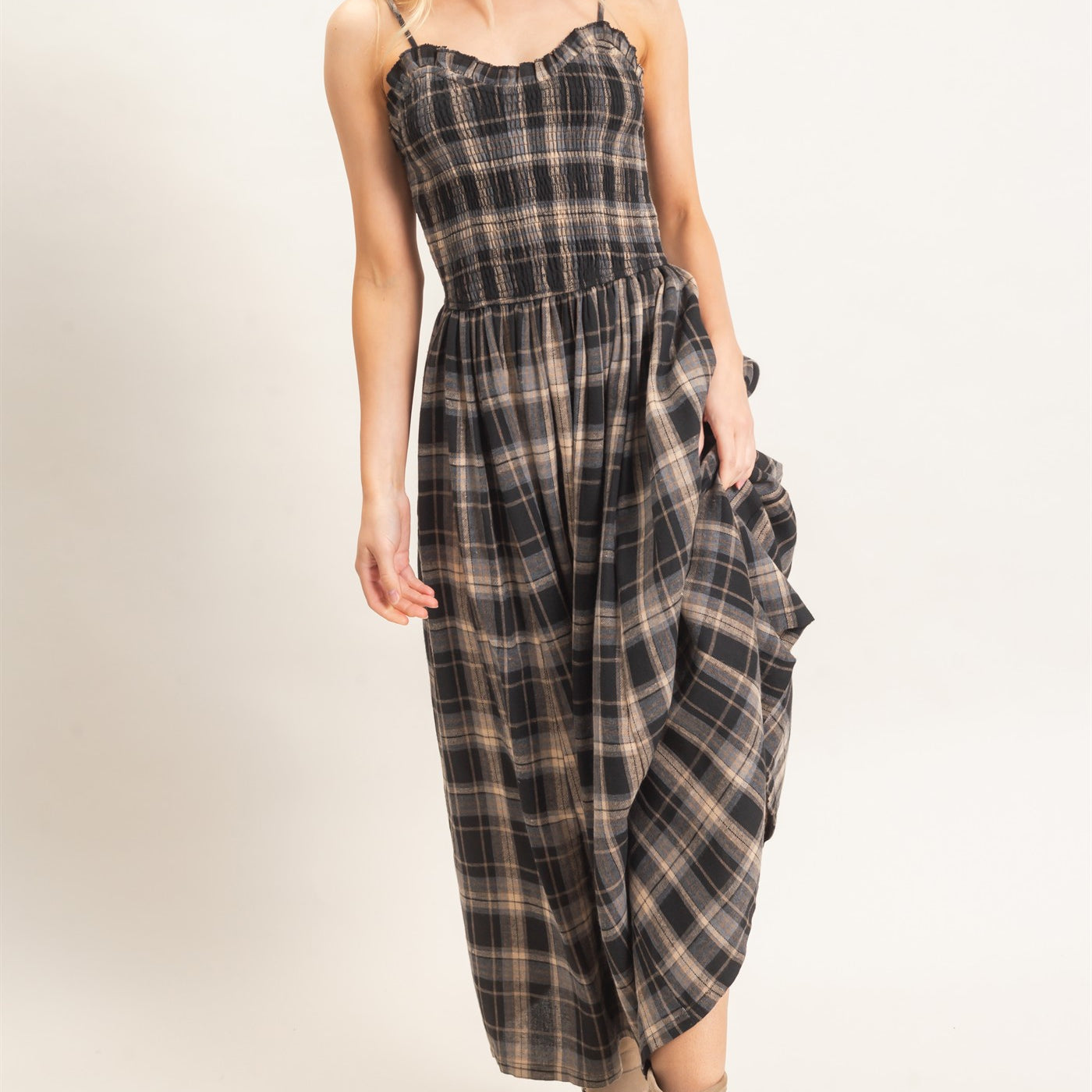 Wholesale Plaid Smocked Maxi Dress Dresses HF26C898 BLACK HYFVE