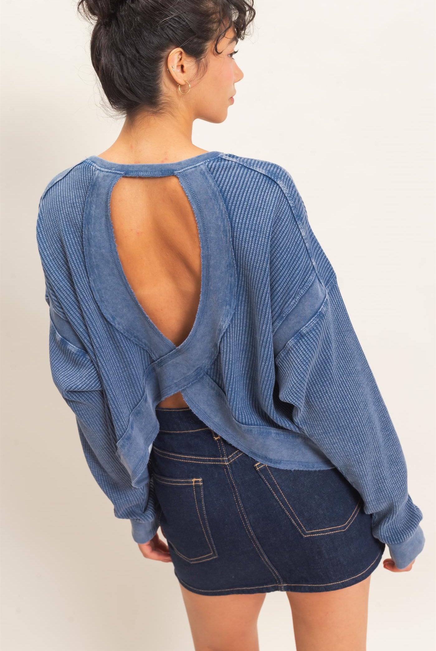 Wholesale Mineral Wash Waffle Open Back Top Clothing Tops DZ26C964 NAVY DOUBLE ZERO