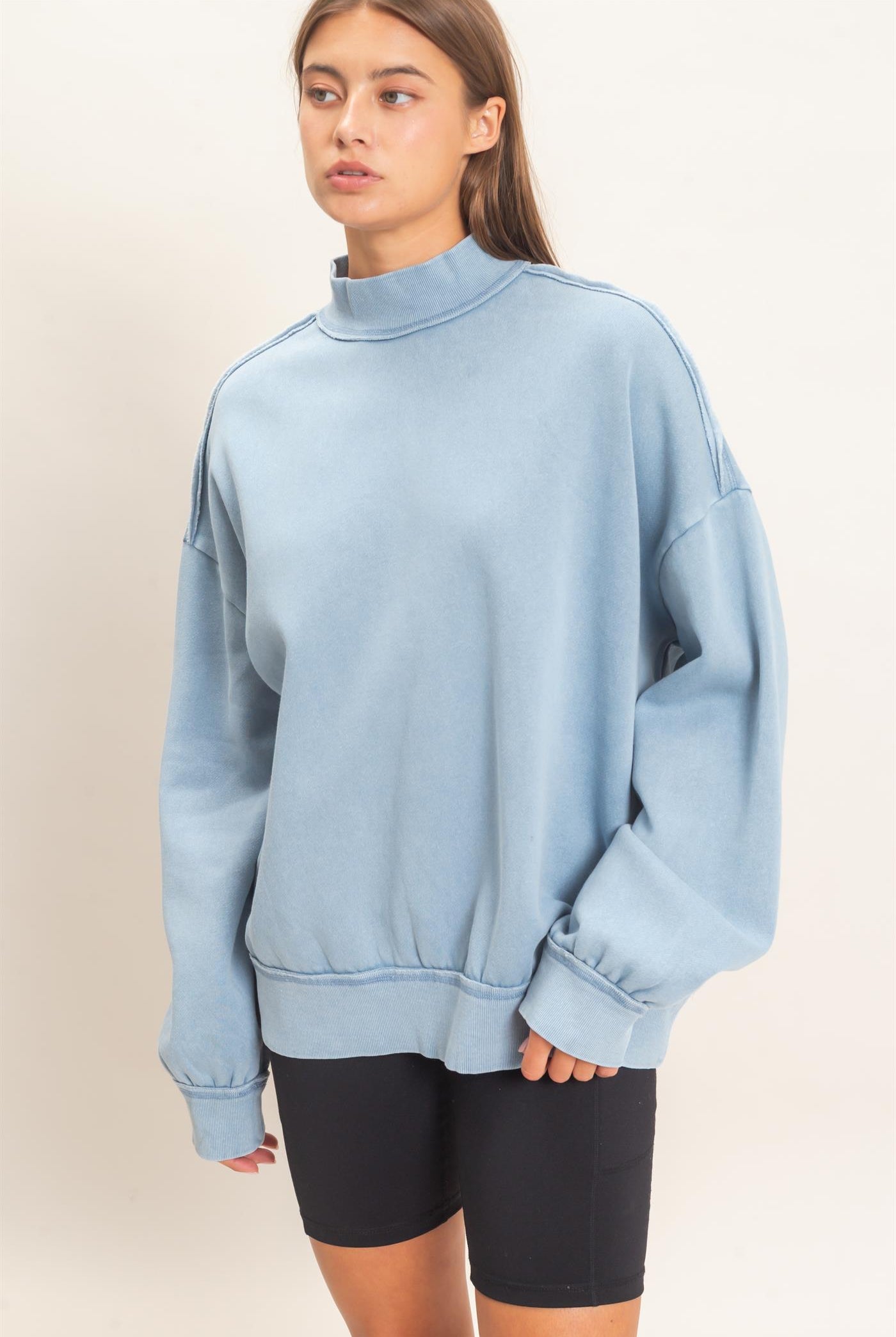 Wholesale Acid Washed Mock Neck Sweatshirt Sweatshirts DZ26E656 DUSTY BLUE DOUBLE ZERO