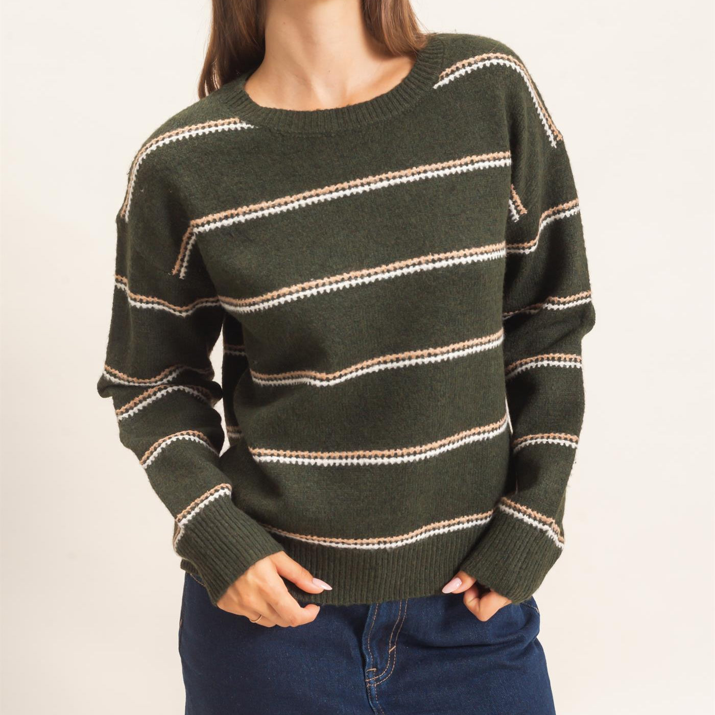 Wholesale Striped Crew Neck Sweater Sweaters HF26E696-D DARK OLIVE HYFVE